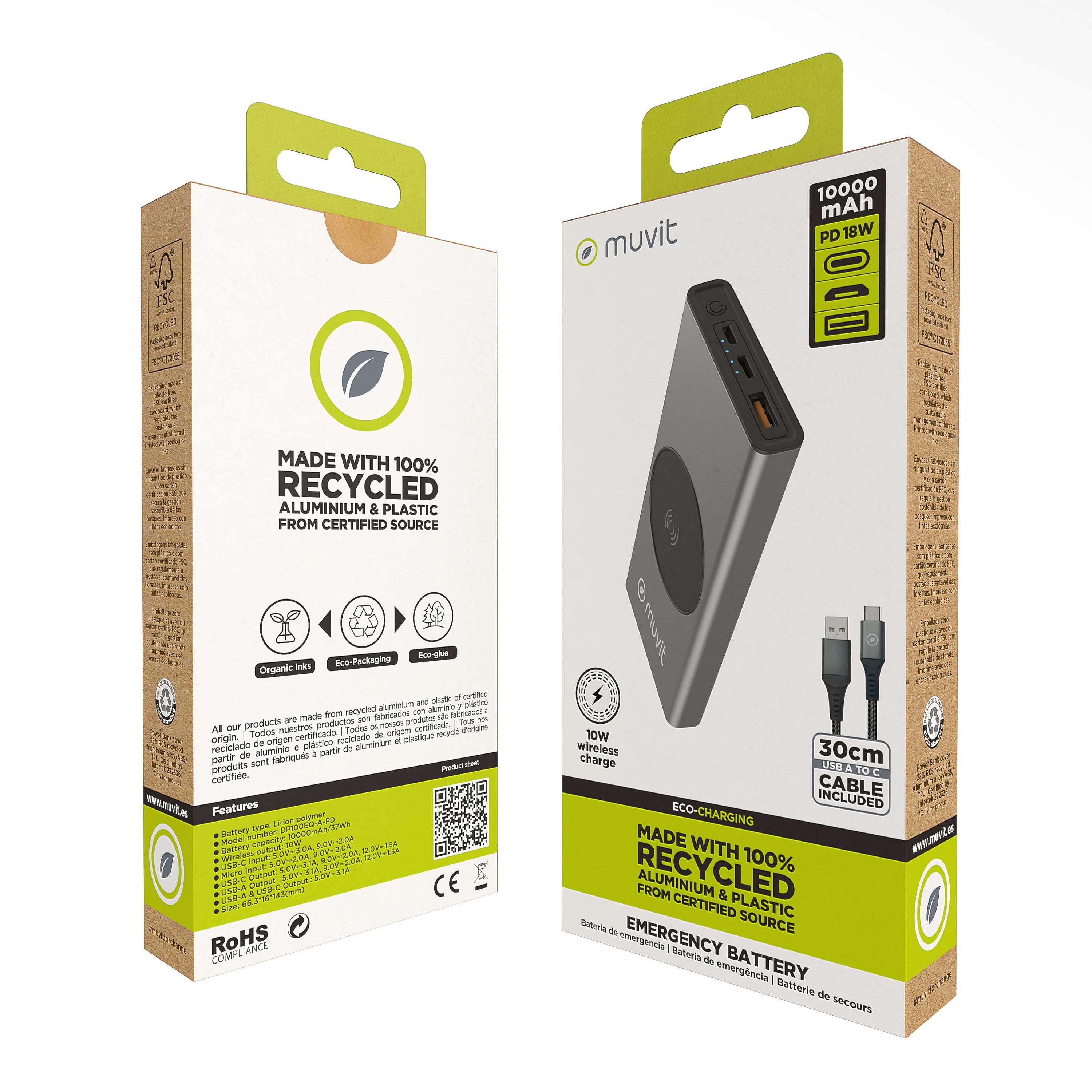 Dos cajas de un cargador portátil. El cargador es gris con un cable de carga.