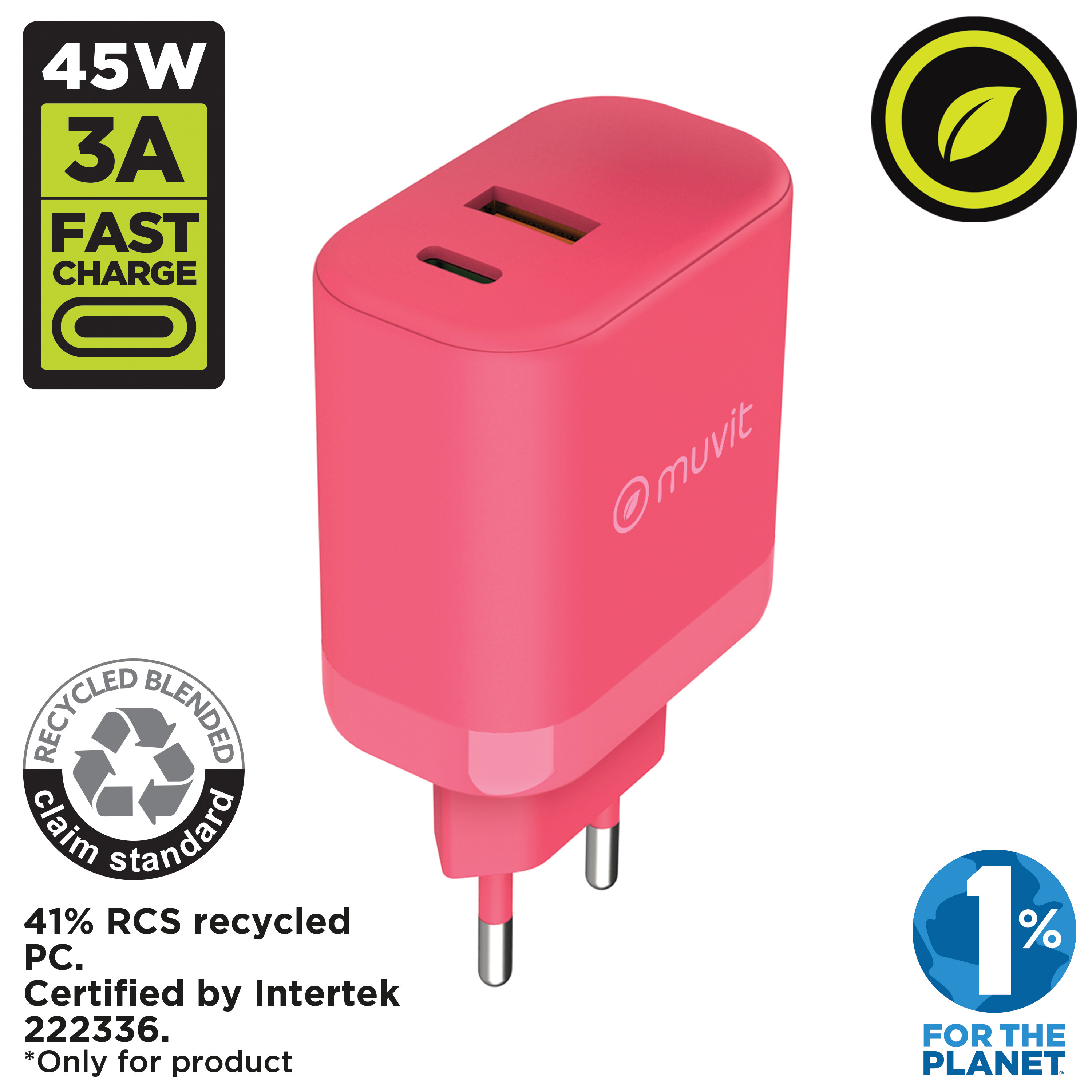Un cargador rápido rosa con dos puertos USB y un enchufe. El texto indica 45W, 3A carga rápida. Se muestran otros símbolos.