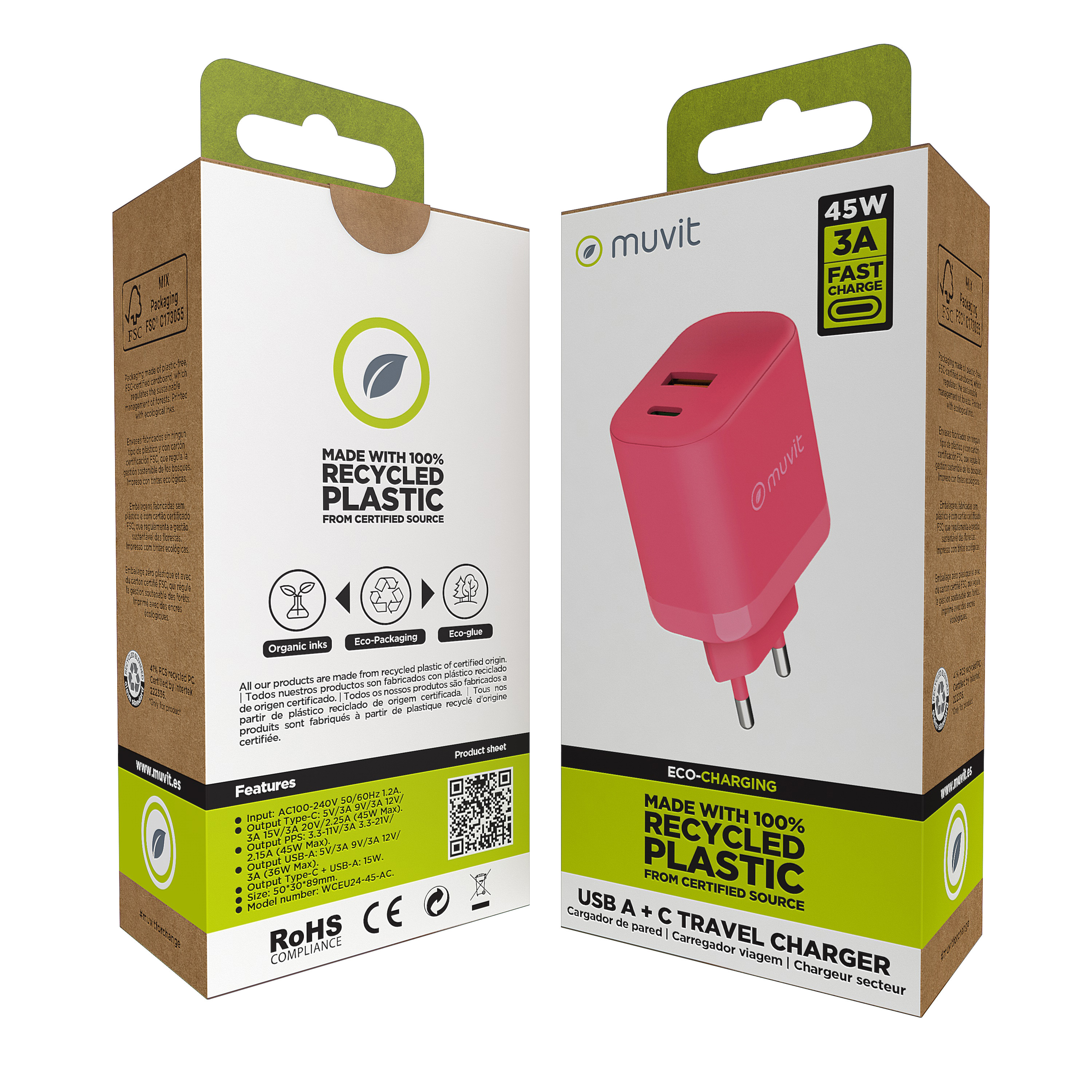 Dos cajas de un cargador rosa con texto sobre plástico reciclado, sobre superficie blanca.