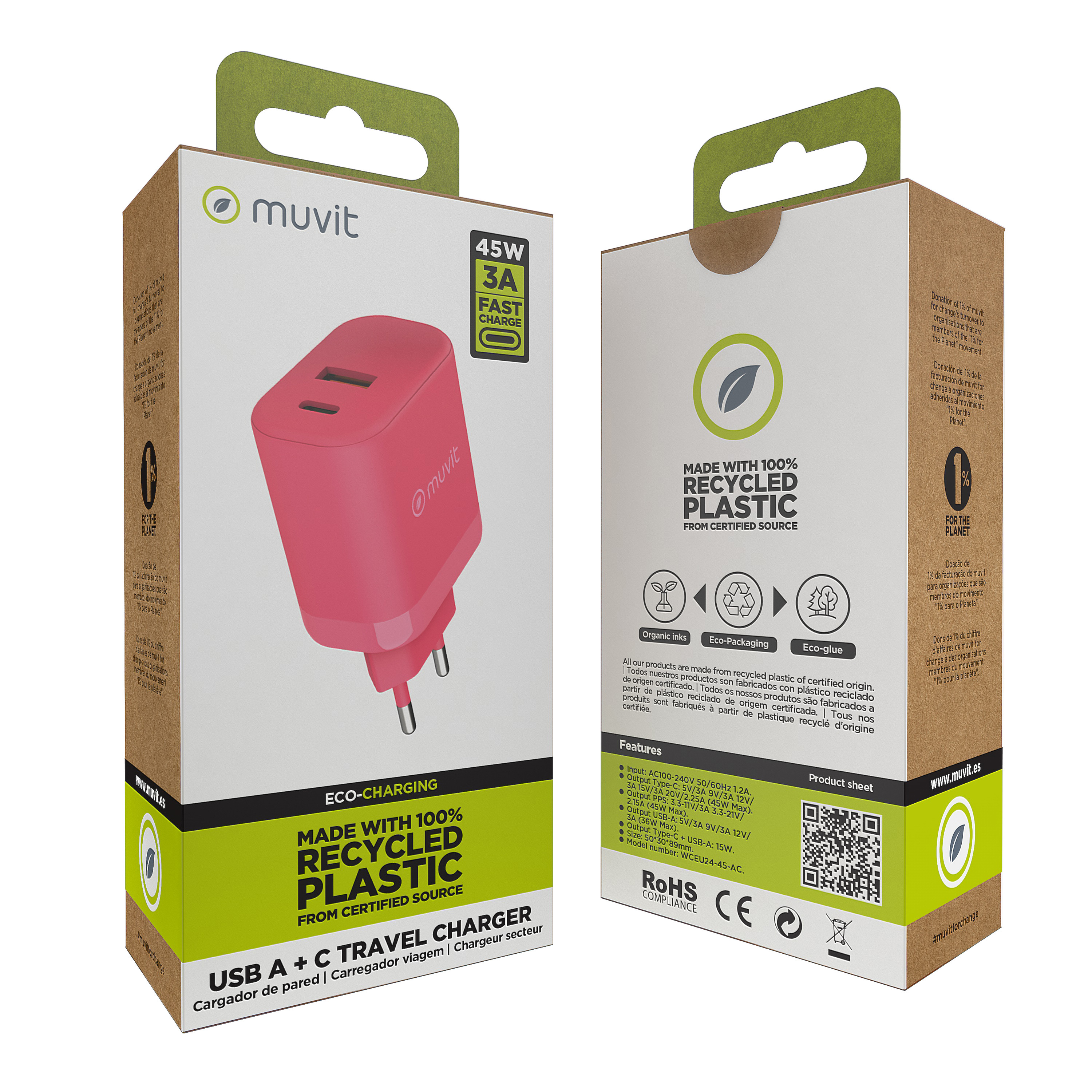 Dos cajas de un cargador rosa. Texto y logo de la marca. Descripción ecológica.