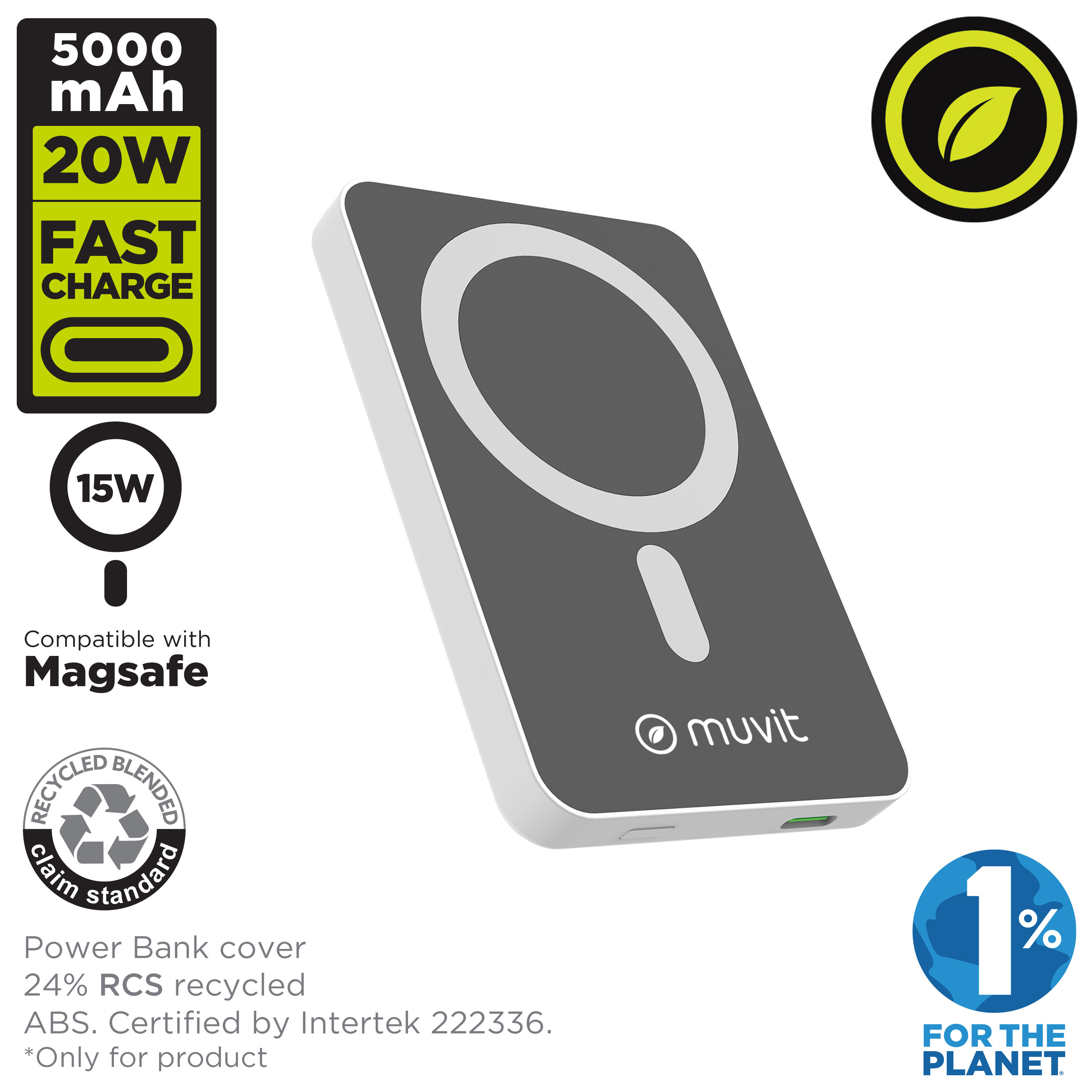 Batería externa negra y gris con área de carga magnética y compatibilidad Magsafe. Fondo blanco.