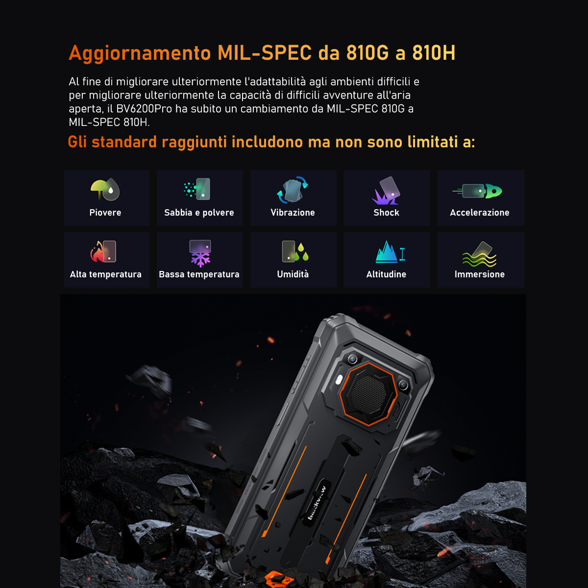 Immagine con caratteristiche del telefono robusto come resistenza agli urti e alle temperature estreme.