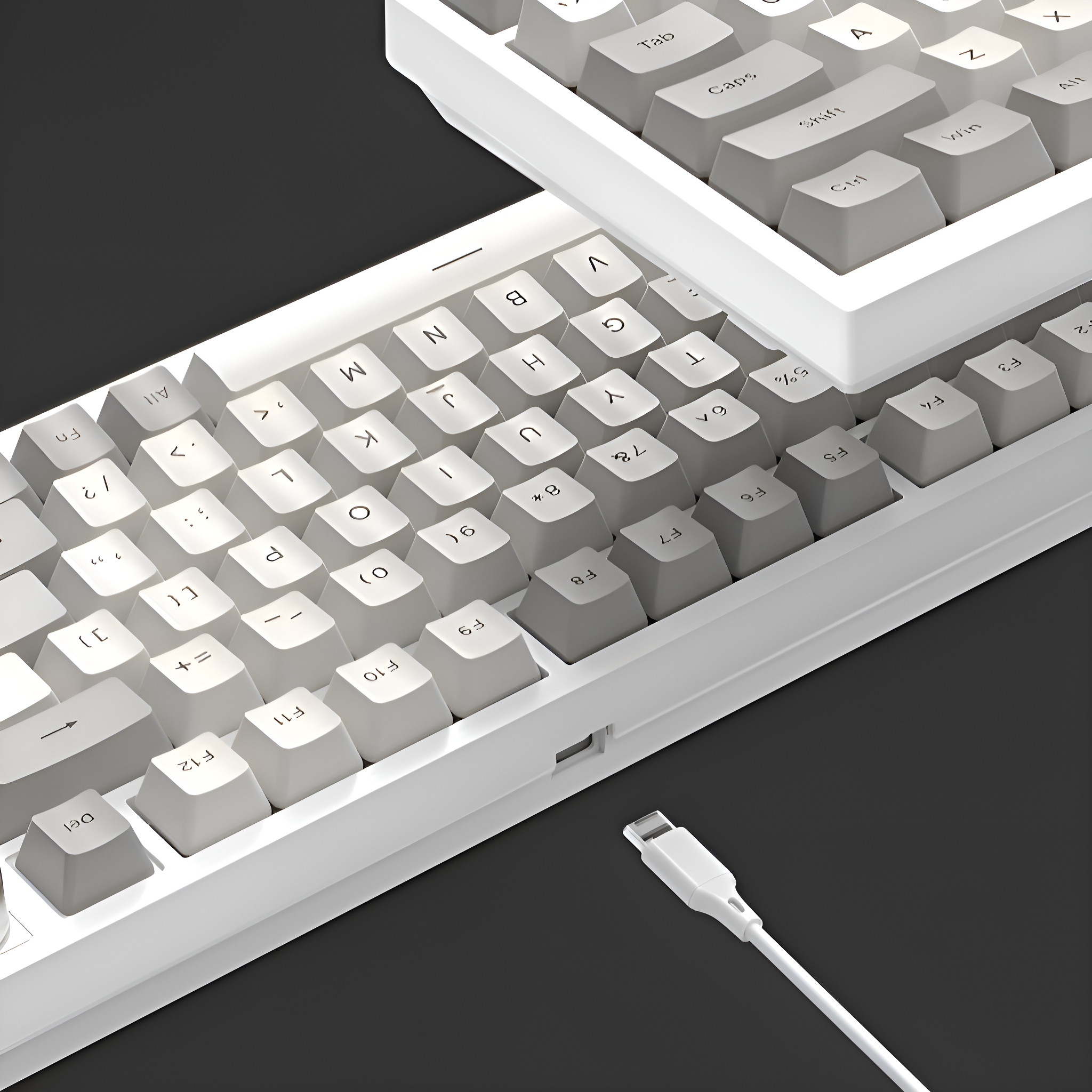 Nahaufnahme einer weißen Tastatur mit grauen Tasten, USB-Kabel vorhanden.