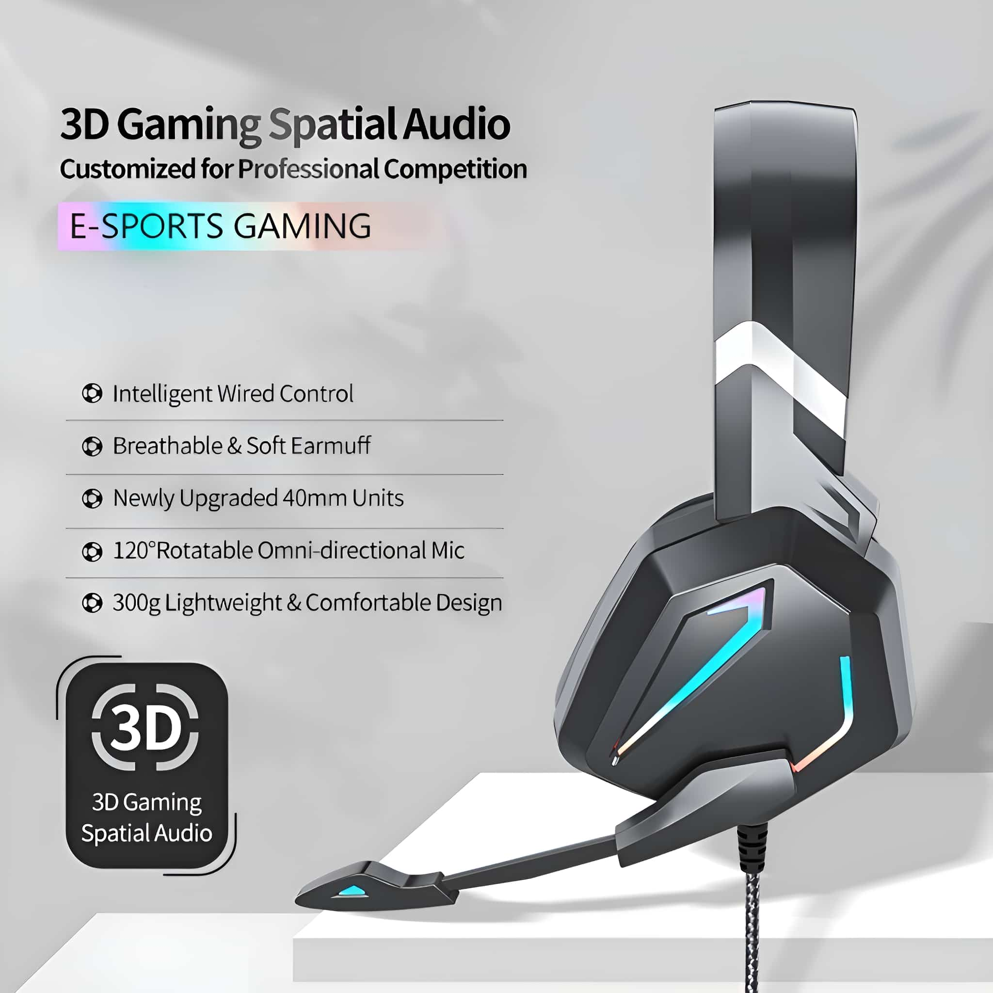 Schwarzes Gaming-Headset mit Mikrofon und Lichtern auf weißer Oberfläche.