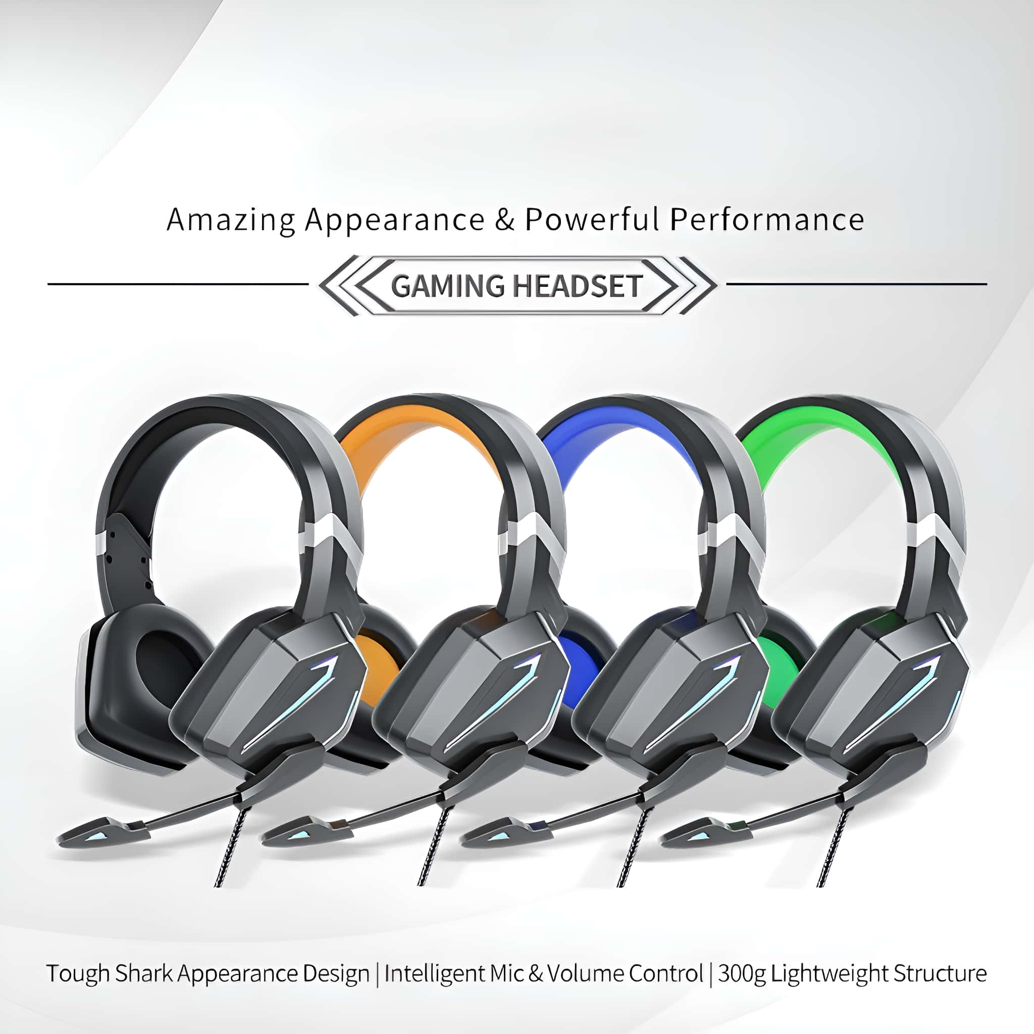 Gaming-Headsets in verschiedenen Farben: Schwarz, Orange, Blau und Grün. Mikrofone befestigt und weißer Hintergrund.