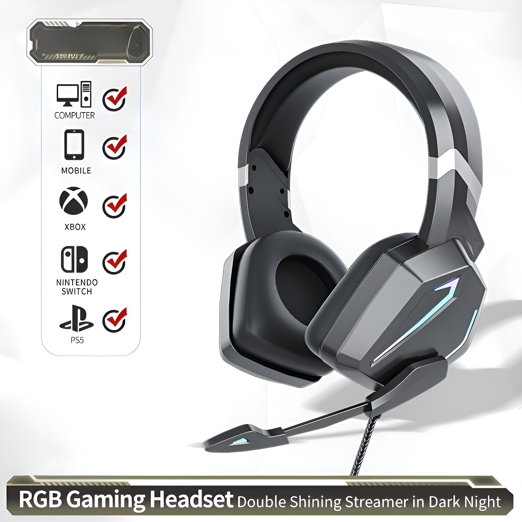 Schwarzes und graues Gaming-Headset mit Mikrofon und Kompatibilitäts-Icons.