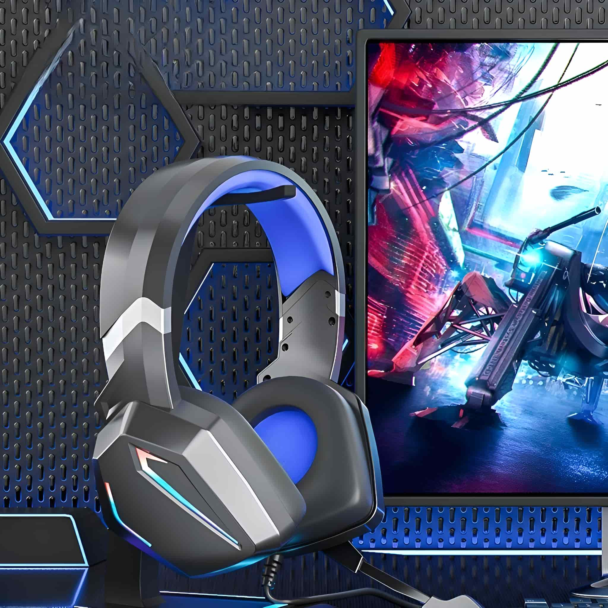 Gaming-Kopfhörer mit blauen und grauen Akzenten, die auf einem Schreibtisch liegen.