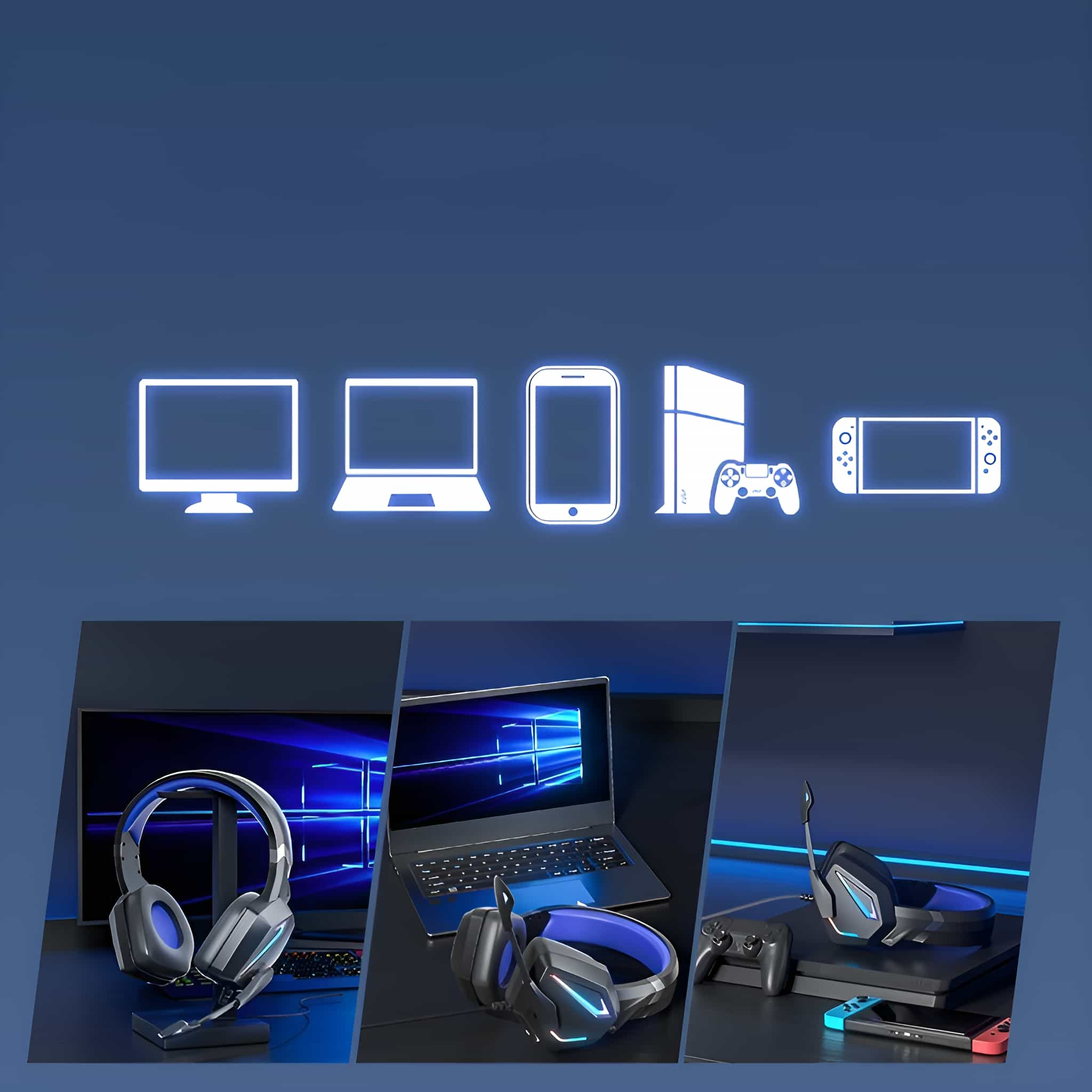 Ein Bild mit mehreren elektronischen Geräten wie Computer, Telefon und Spielekonsolen mit Headsets.