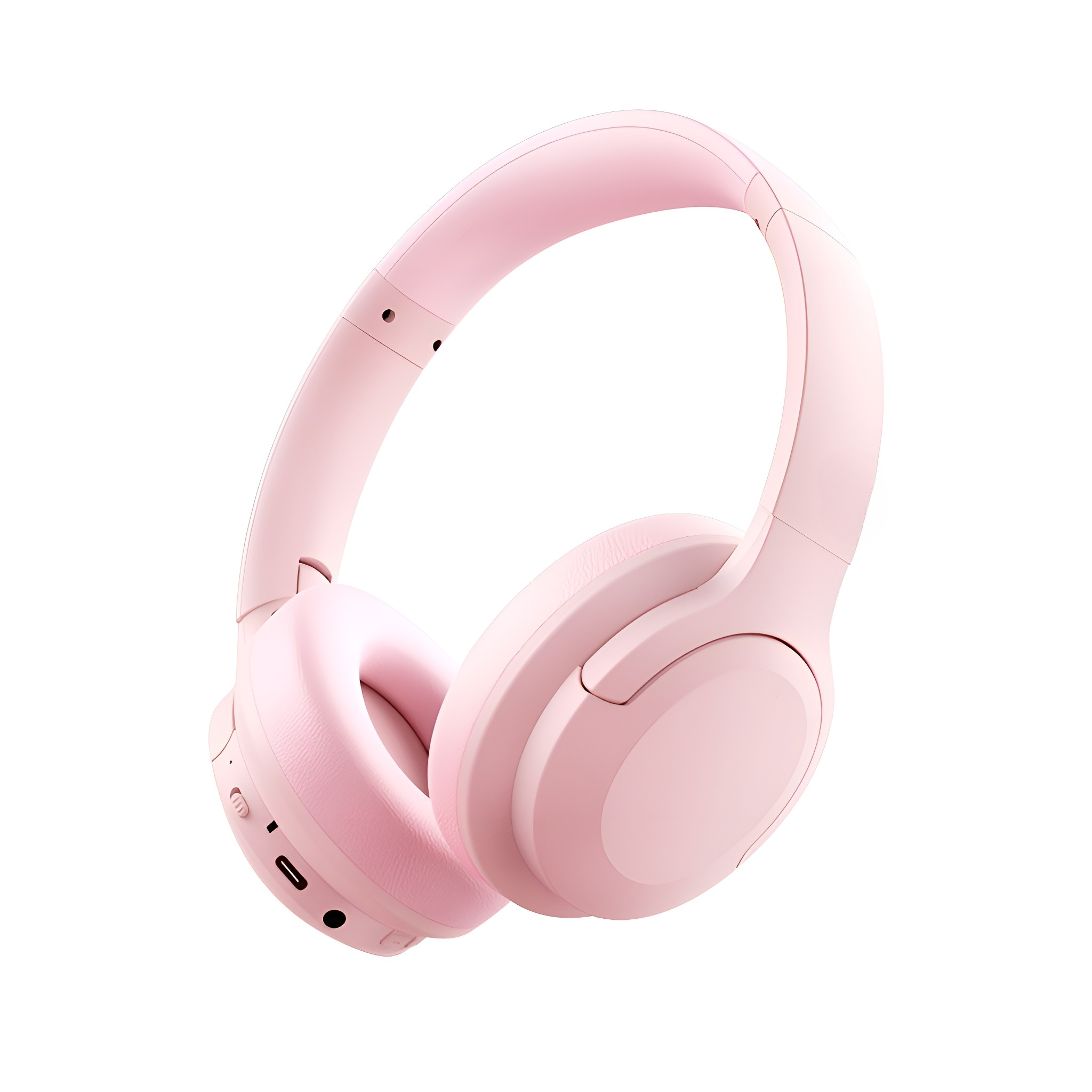 Rosa Kopfhörer, Over-Ear-Design, auf weißem Hintergrund. Sie haben eine einheitliche Farbe.