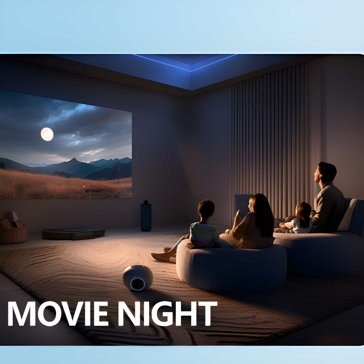 Eine Familie, die in einem Wohnzimmer einen Film auf einer Projektorleinwand ansieht, mit einem Text 'MOVIE NIGHT'.