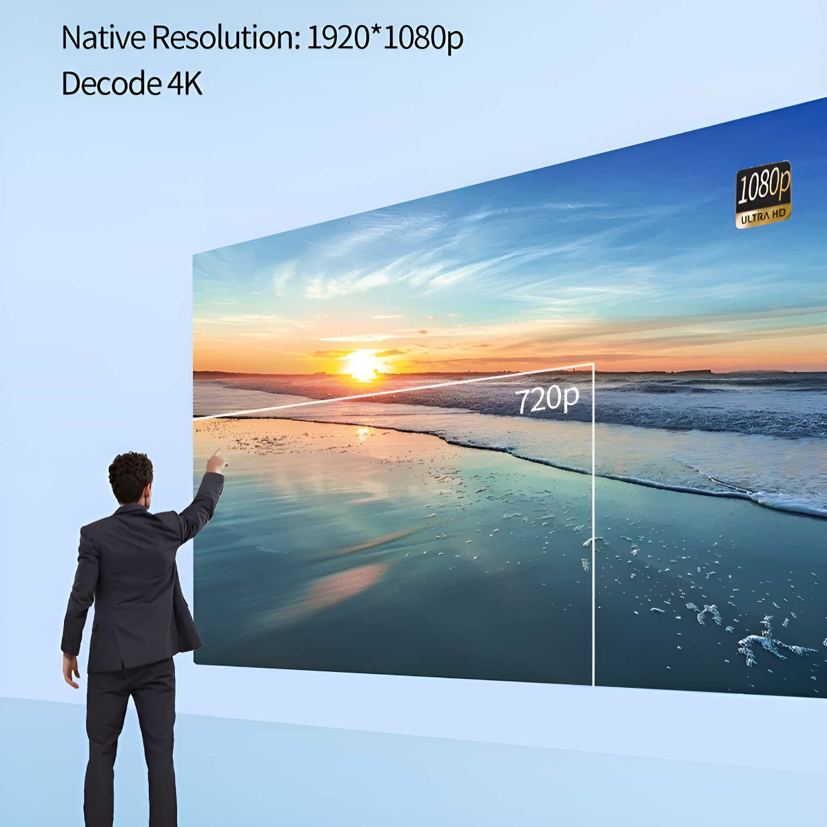 Ein Mann zeigt auf einen großen Bildschirm mit einer Strandszene und Auflösungsdetails.