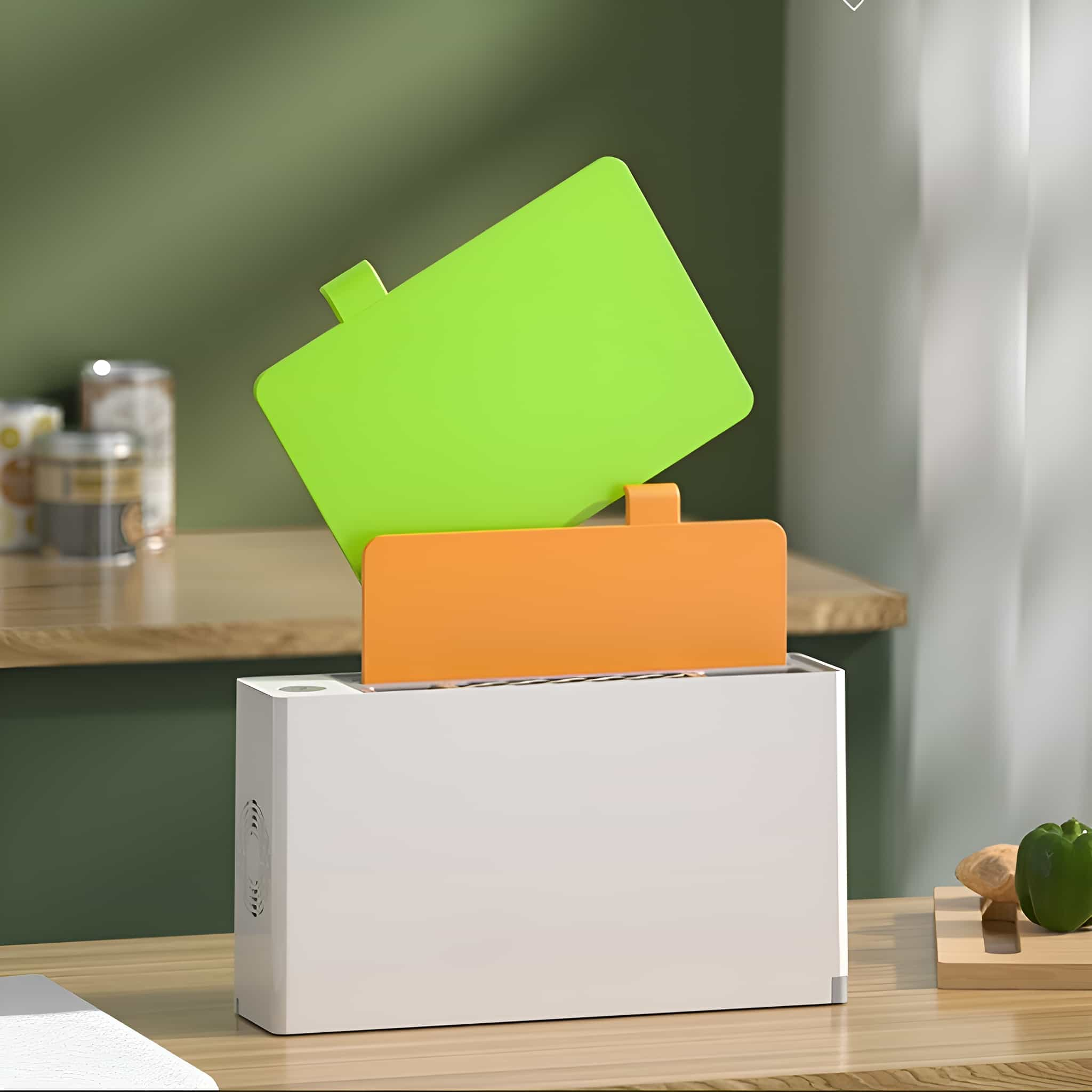 Schneidebretter, grün und orange, gestapelt auf einer weißen Box. Grüne Paprika sichtbar.