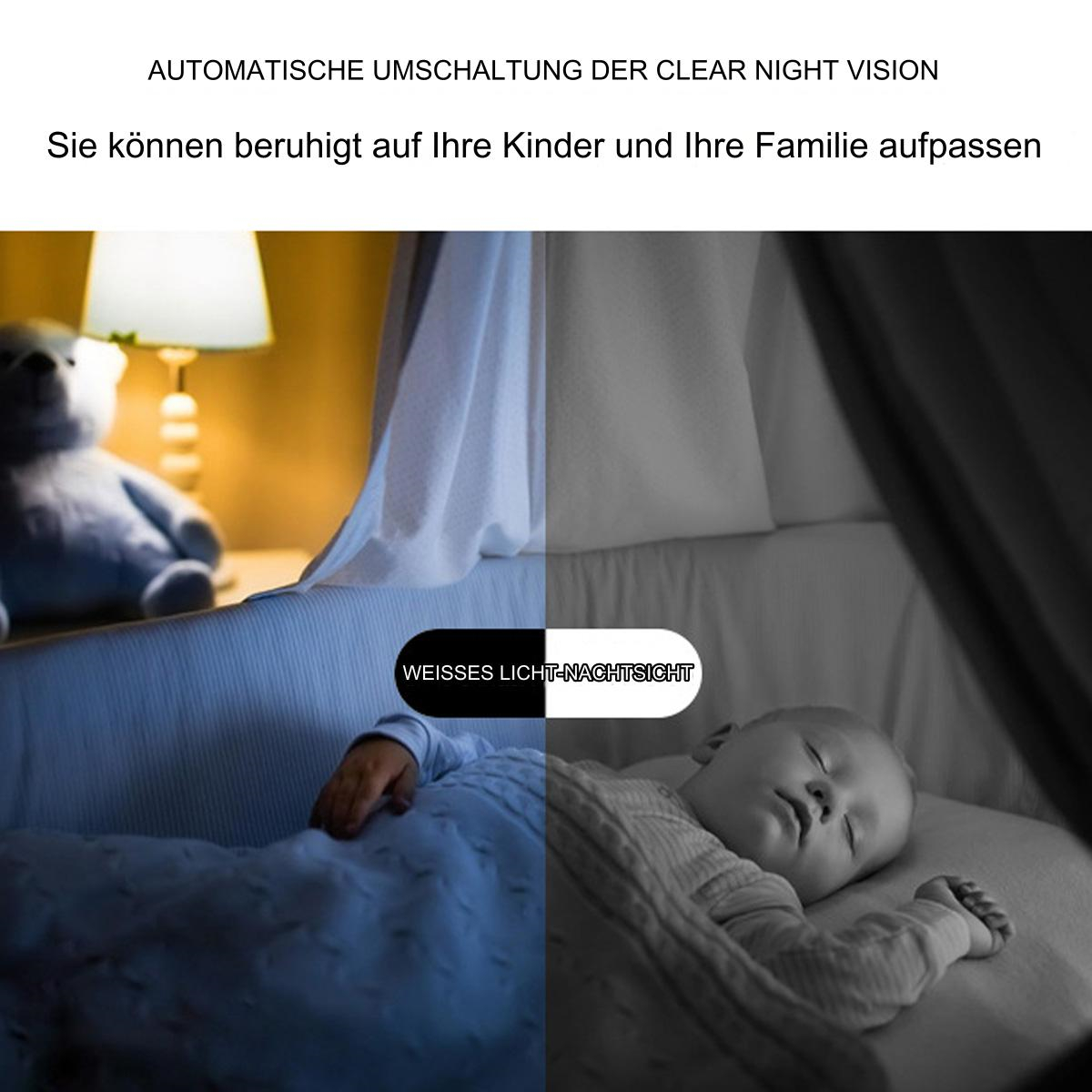 Geteiltes Bild, das ein schlafendes Baby in einem Kinderbett und eine Lampe zeigt.