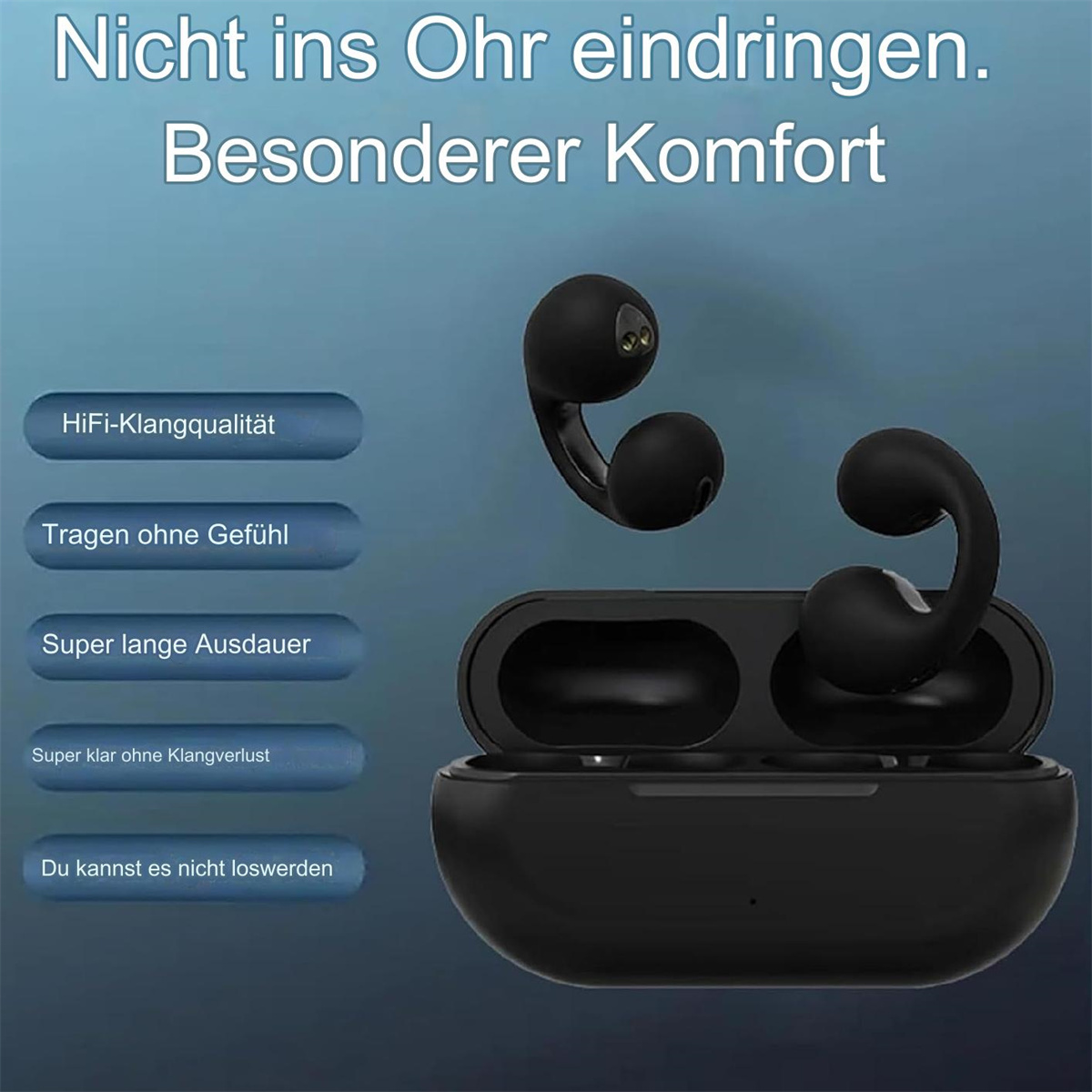 Schwarze kabellose Ohrhörer und Ladeetui. Text auf Deutsch. Die Ohrhörer werden außerhalb des Etuis gezeigt.