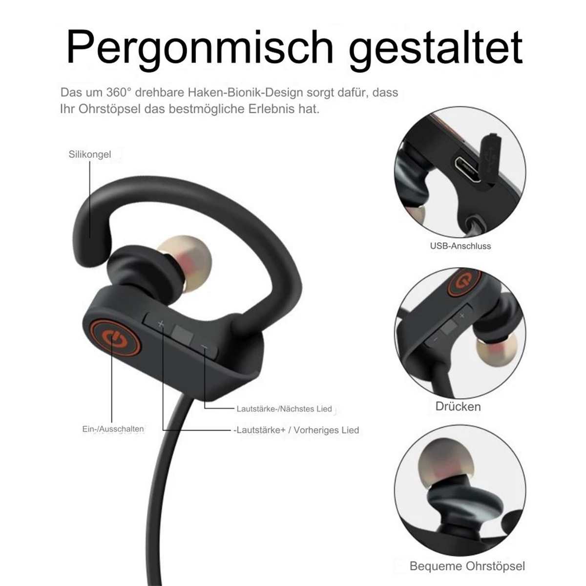 Schwarze und orangefarbene kabellose Ohrhörer mit Etiketten. Merkmale: Silikon, Lautstärkeregler, USB-Anschluss.