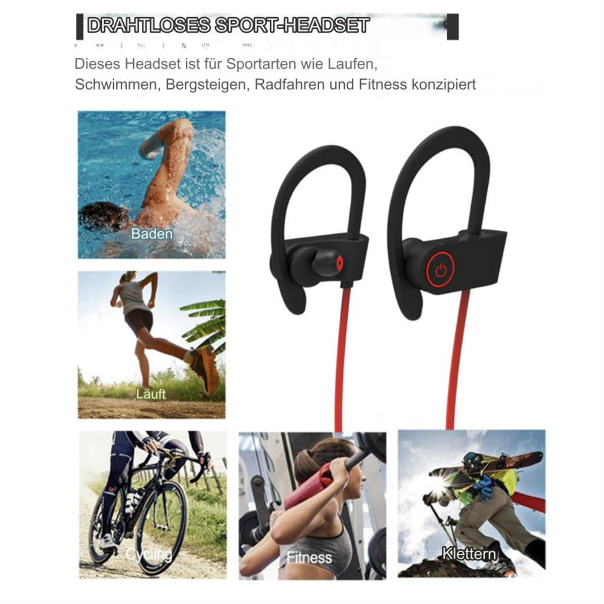 Kopfhörer, rotes Kabel und Bilder von Schwimmern, Läufern, Radfahrern, Kletterern und Trainierenden.