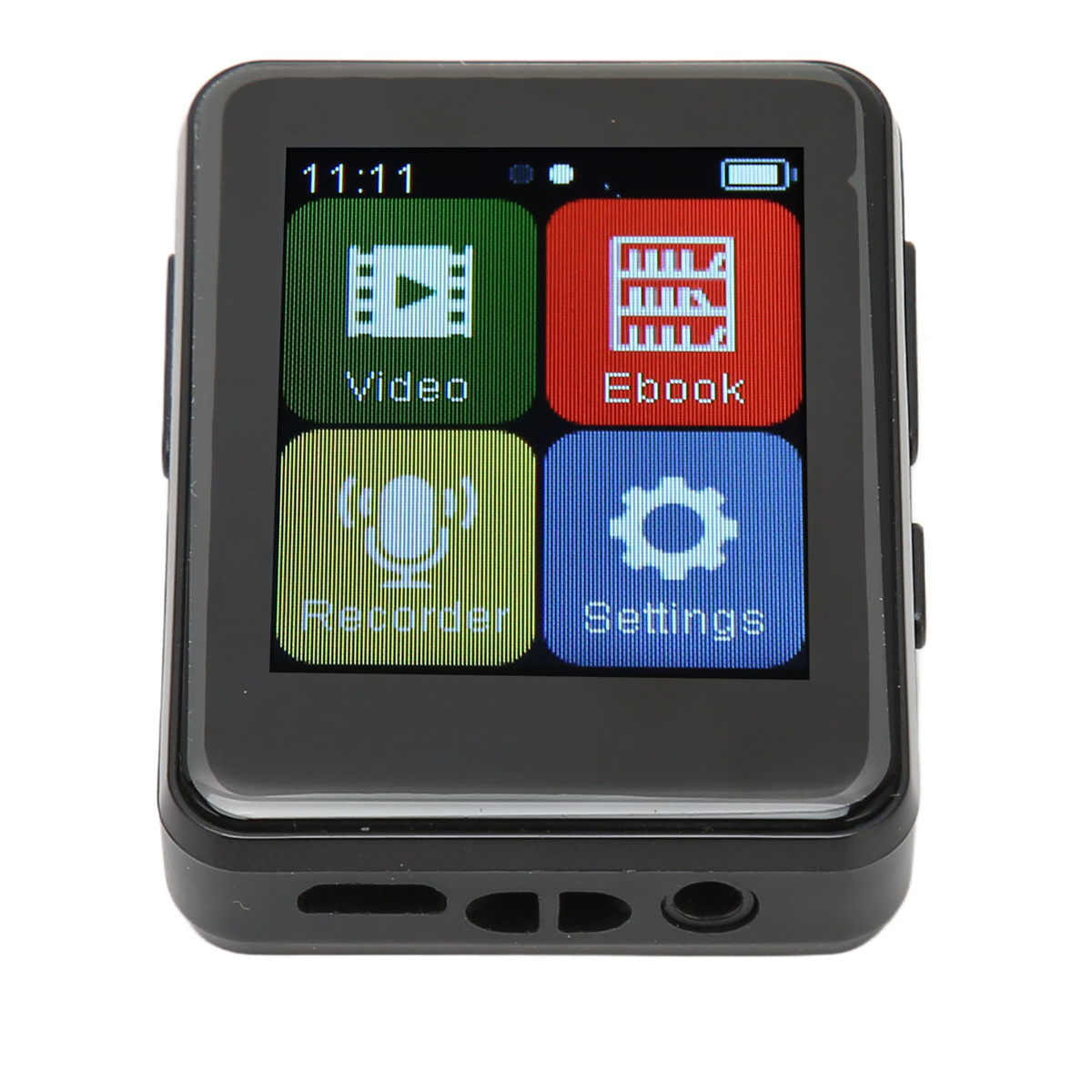 Kleiner quadratischer schwarzer MP3-Player, Bildschirm mit Symbolen für Video, E-Book, Aufnahme, Einstellungen.