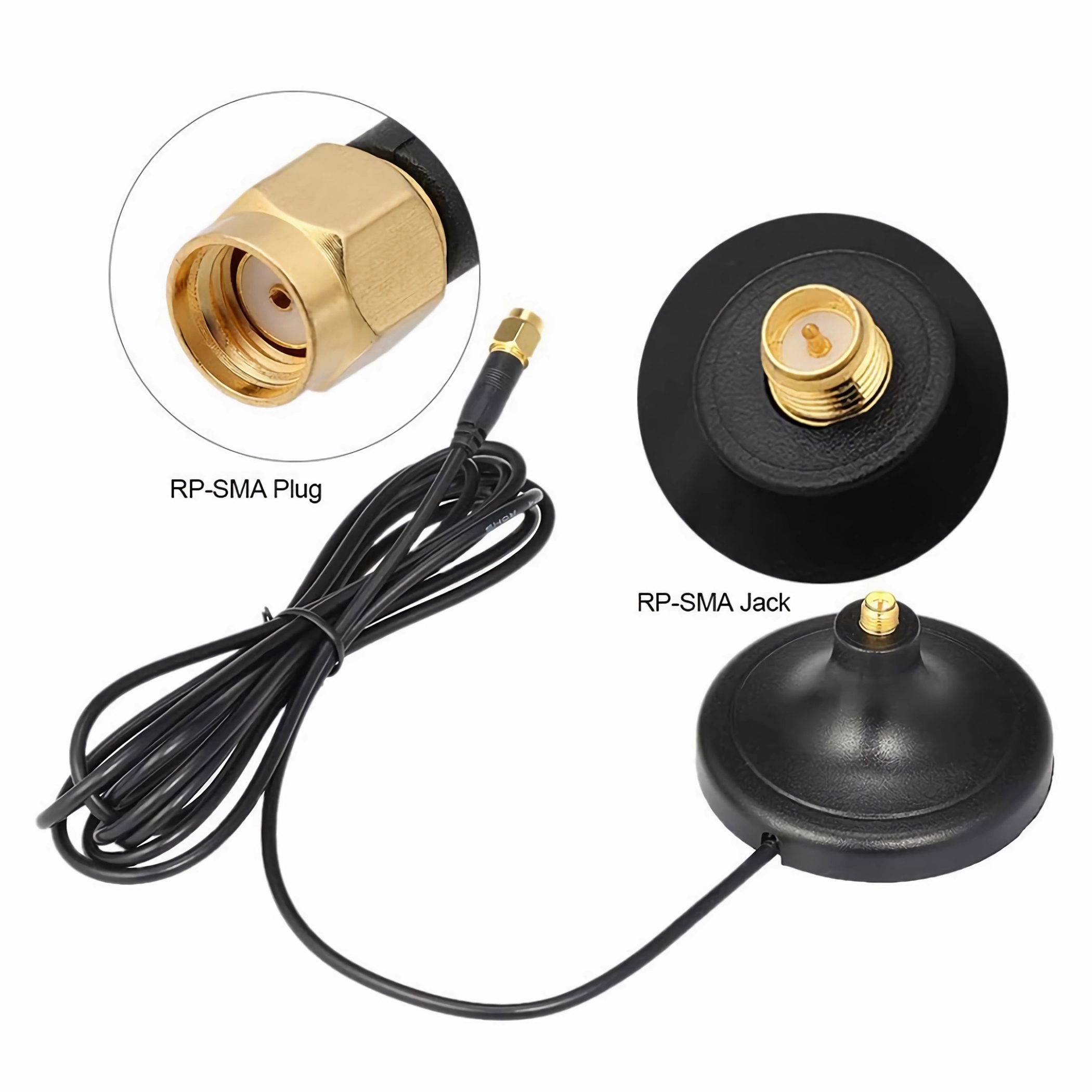 Zwei RP-SMA-Anschlüsse: ein Stecker und eine Buchse. Schwarzes Kabel verläuft. Weißer Hintergrund.