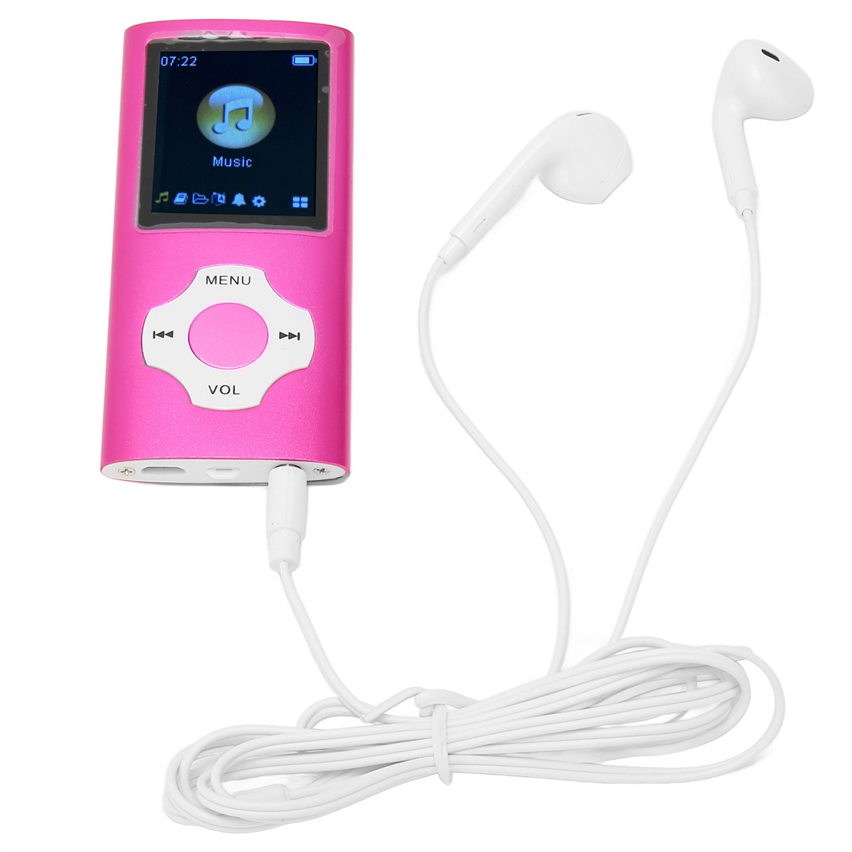 Ein rosa MP3-Player mit Bildschirm, weißen Ohrhörern und einem weißen Kabel. Der MP3 ist eingesteckt.