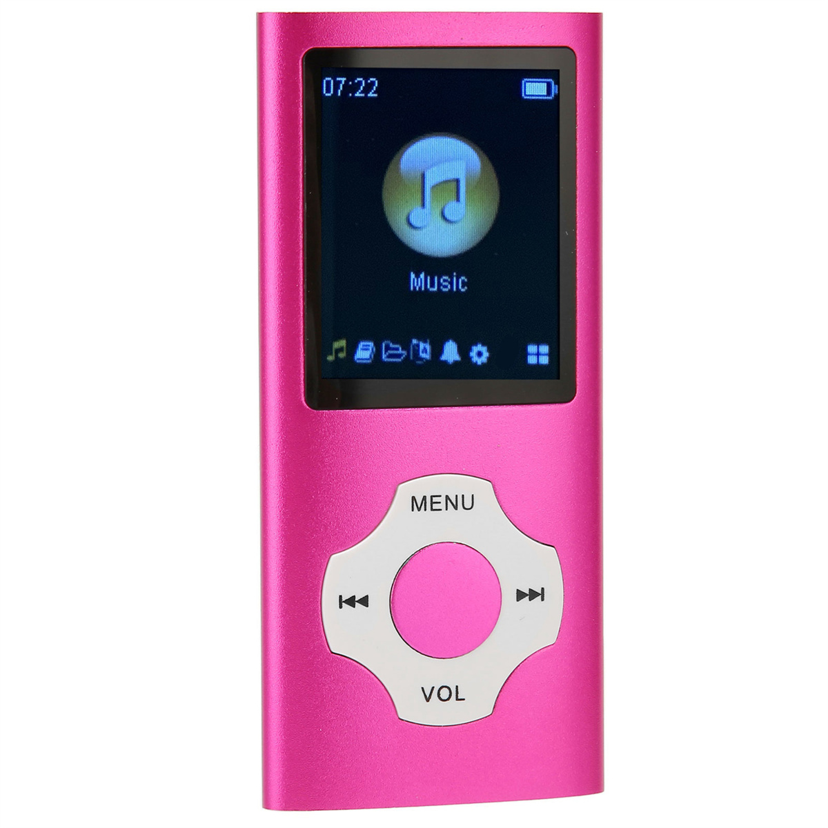 Rosa MP3-Player, der einen Bildschirm mit Musiksymbol und Bedienelementen zeigt.