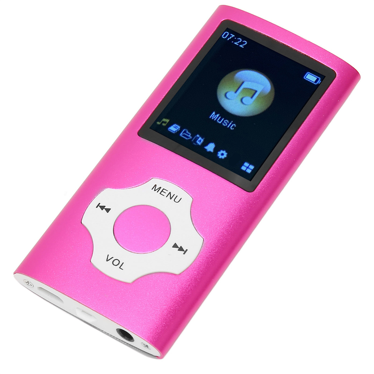 Pinkfarbener MP3-Player mit Bildschirm, der ein Musiksymbol und Bedienelemente zeigt.