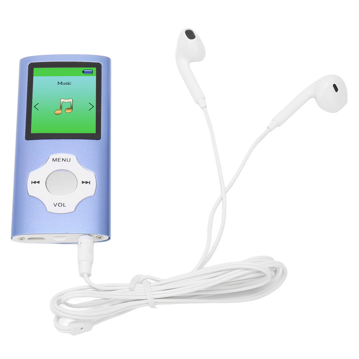Blauer MP3-Player, weiße Ohrhörer und Kabel, auf weißem Grund.