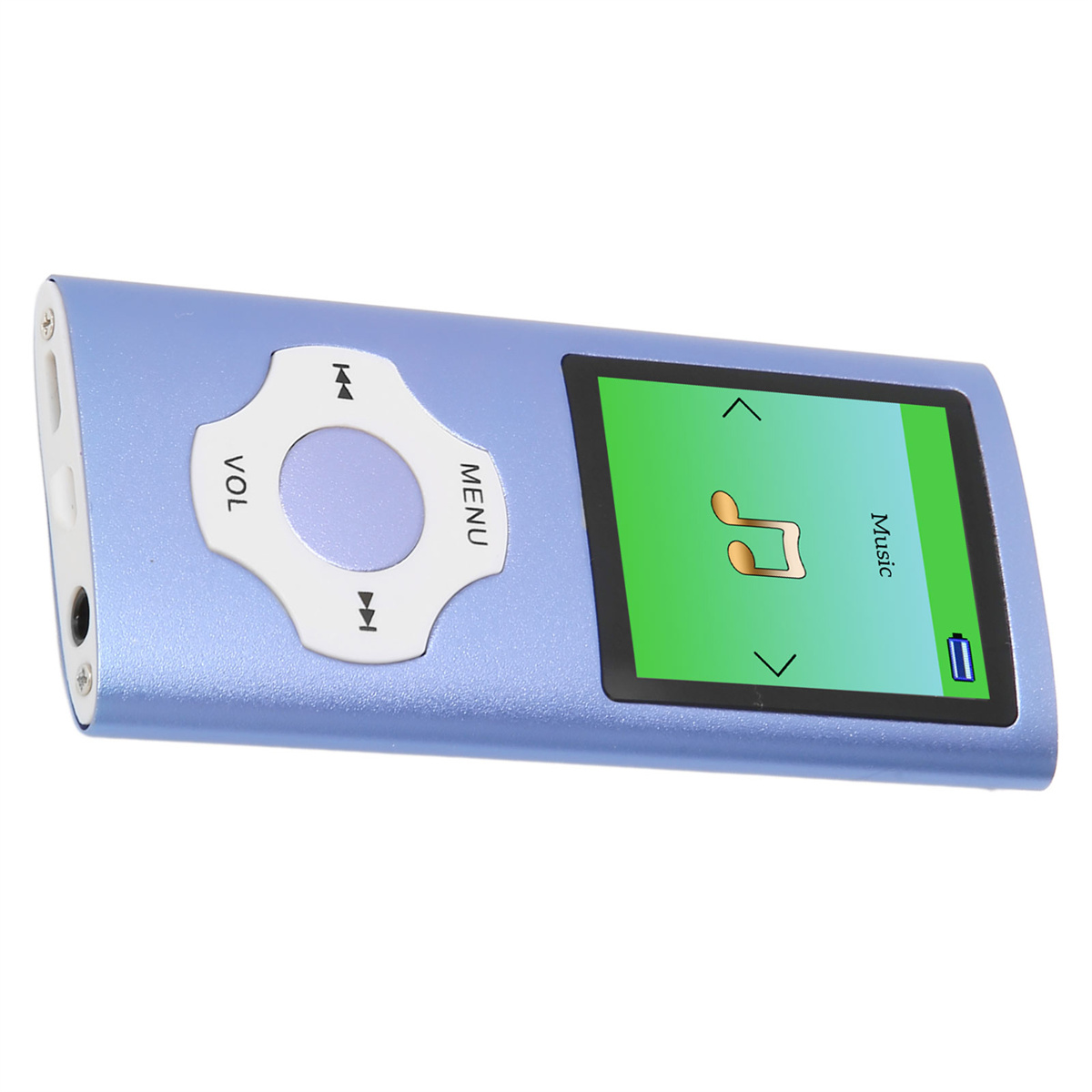 Blauer MP3-Player mit Bildschirm, der ein Notensymbol und den Akkustand anzeigt.