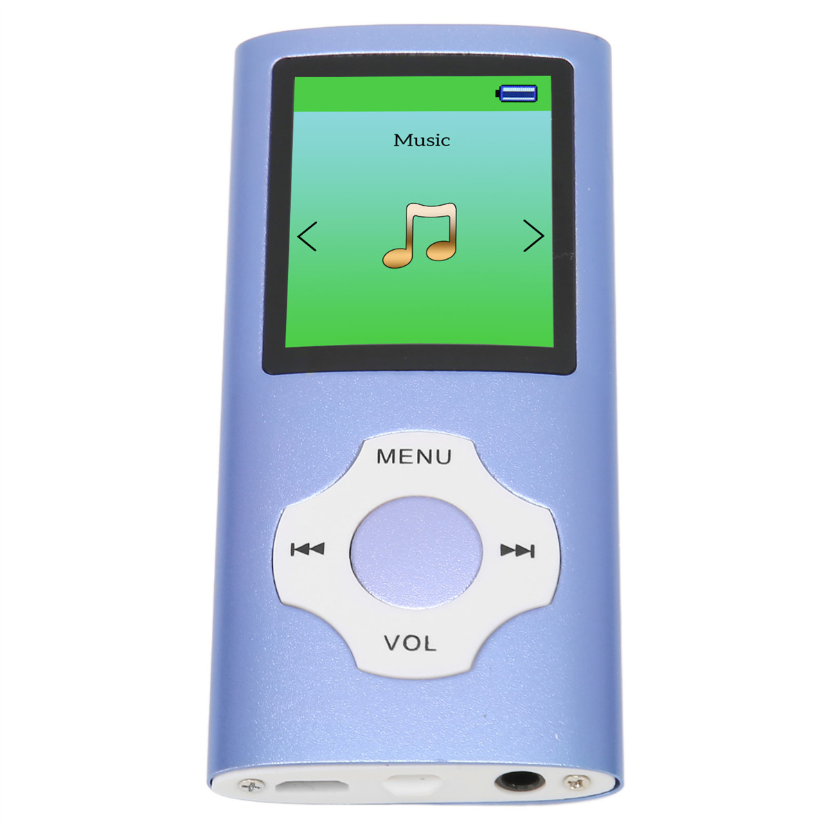 Ein blauer MP3-Player mit einem Bildschirm, der eine Musiknote anzeigt, und einem weißen Bedienfeld.