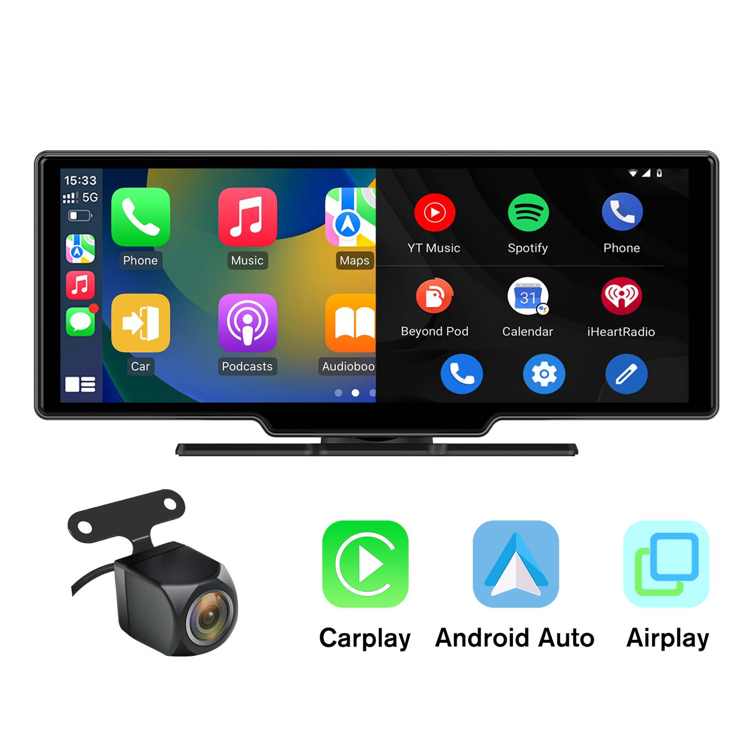 Auto-Multimedia-System mit Apps auf dem Bildschirm, Kamera und Verbindungssymbolen.