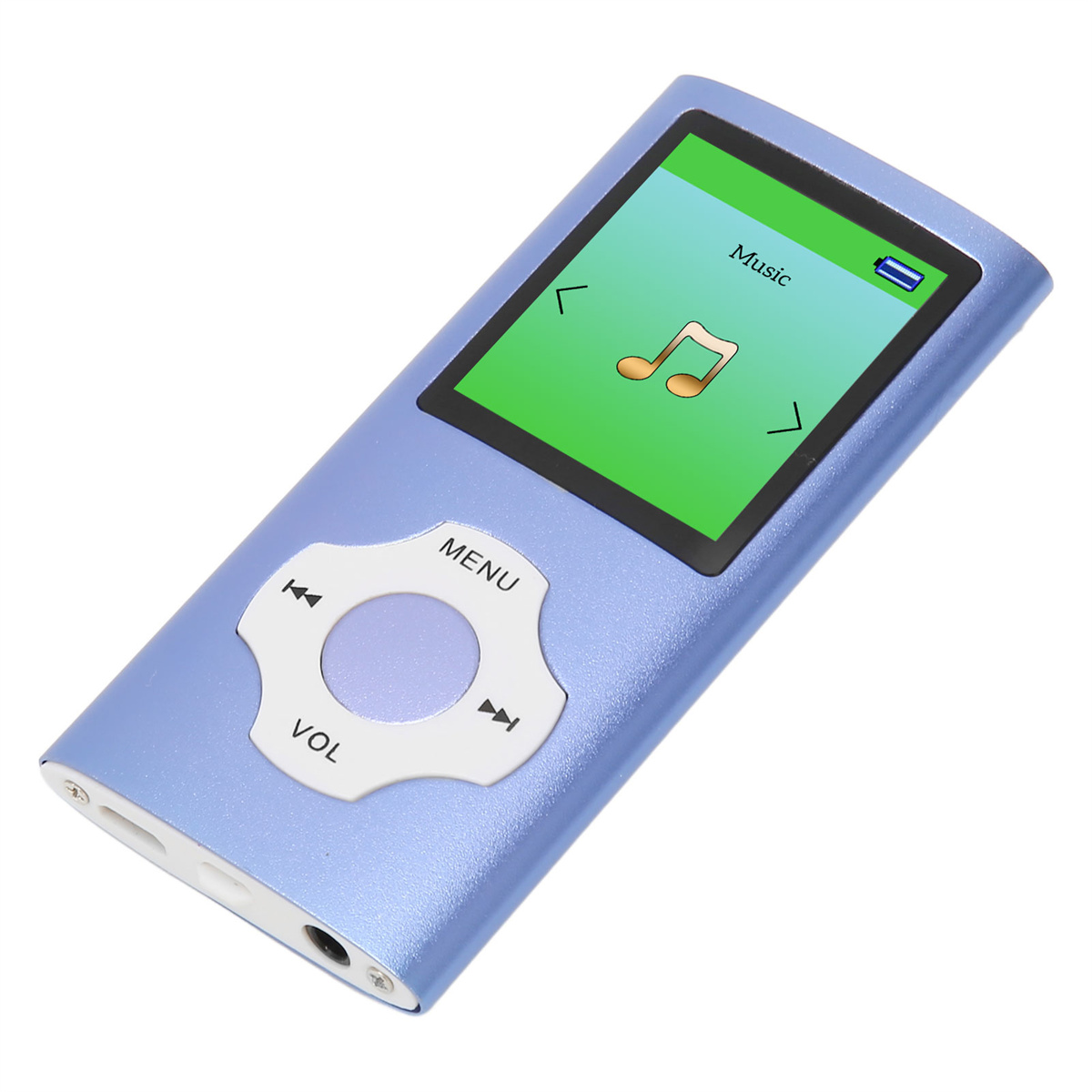 Blauer Musikplayer mit Bildschirm, der Musiksteuerung zeigt. Das Gerät hat Lautstärke- und Menütasten.