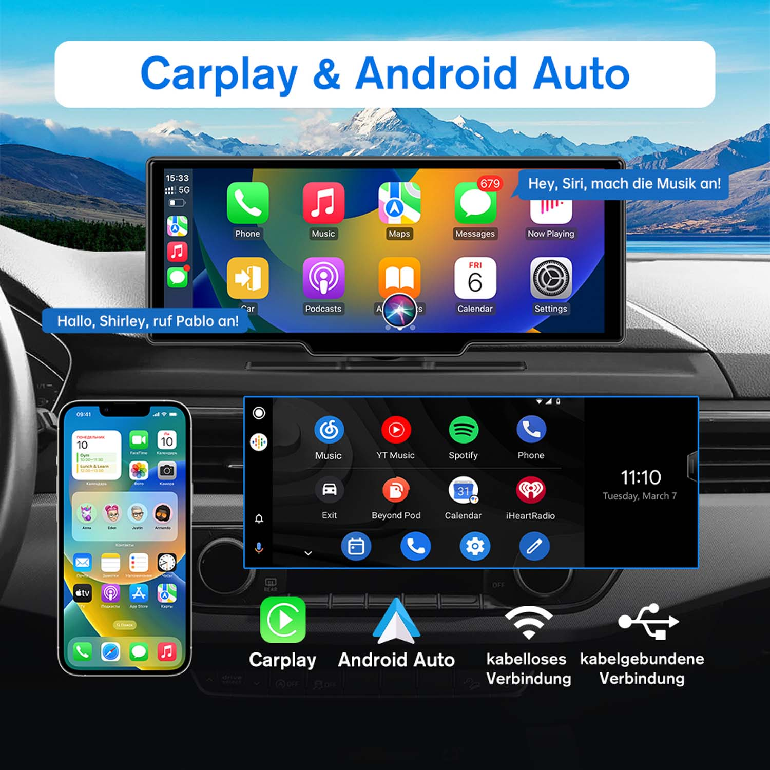 Carplay & Android Auto-Oberfläche auf dem Armaturenbrett eines Autos, ein Telefon und ein Tablet.