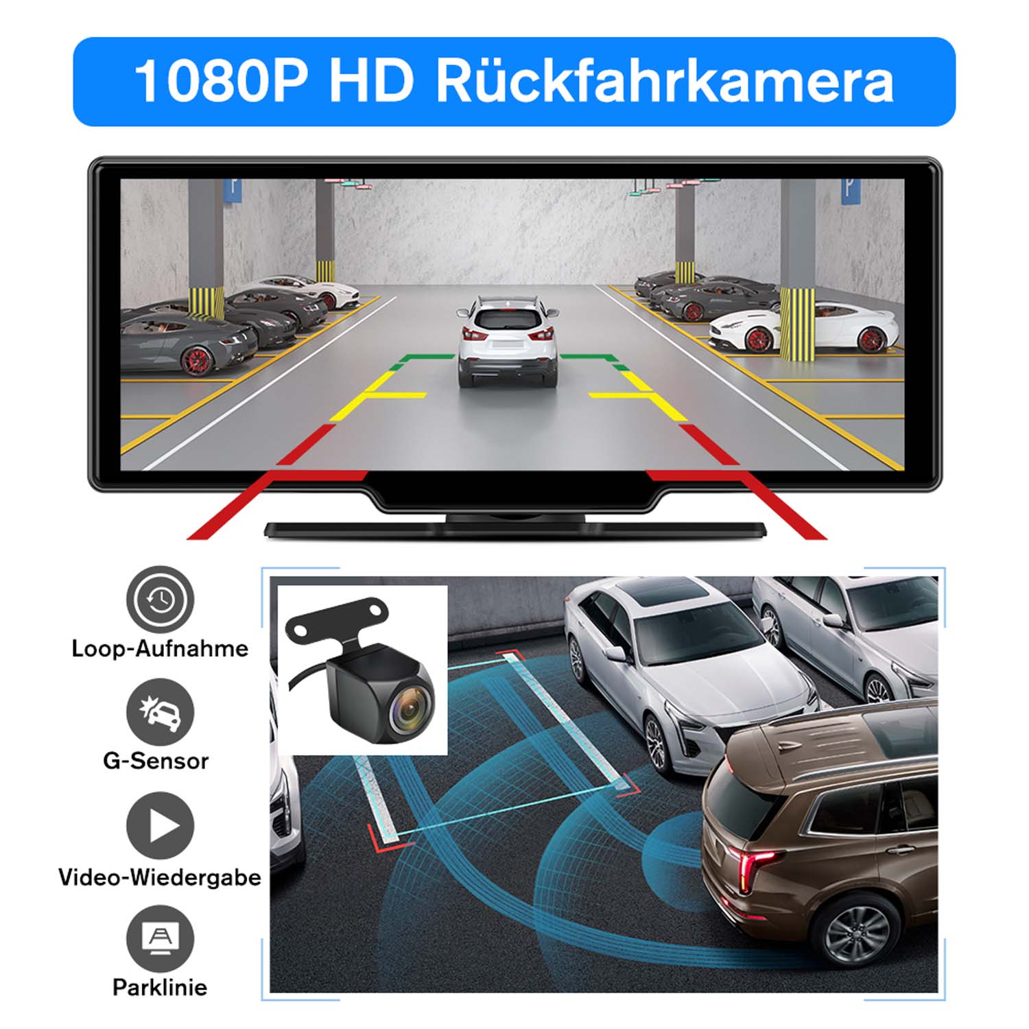 Rückfahrkamera-Display, das Parklinien und Fahrzeuge zeigt.