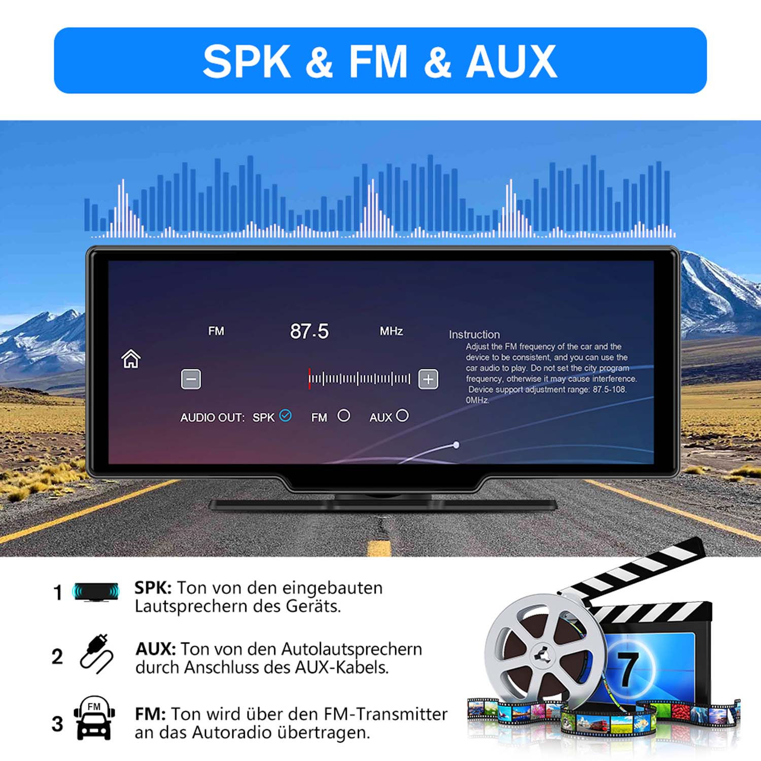 Auto-Bildschirm mit FM-, AUX- und SPK-Optionen mit zugehörigen Symbolen.