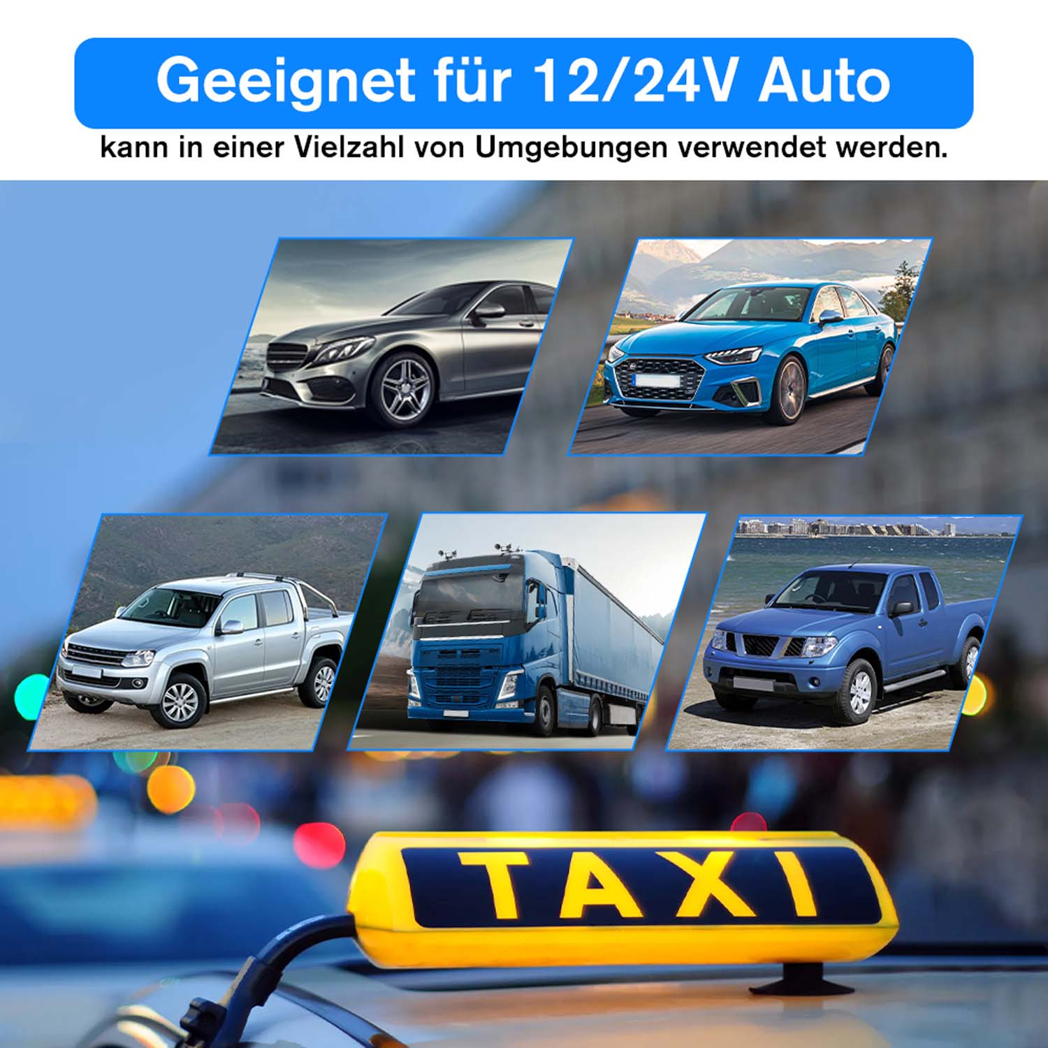 Autos und ein Taxidachschild, verschiedene Fahrzeugtypen werden gezeigt.