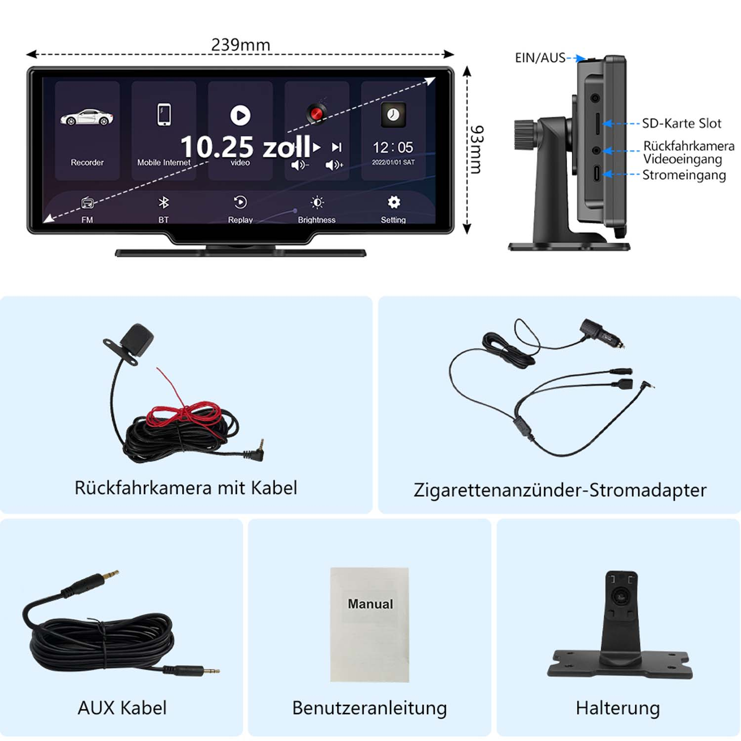 Auto-Multimedia-Gerät mit Bildschirm, zusammen mit Komponenten. Enthält ein Display, eine Kamera und verschiedene Kabel.