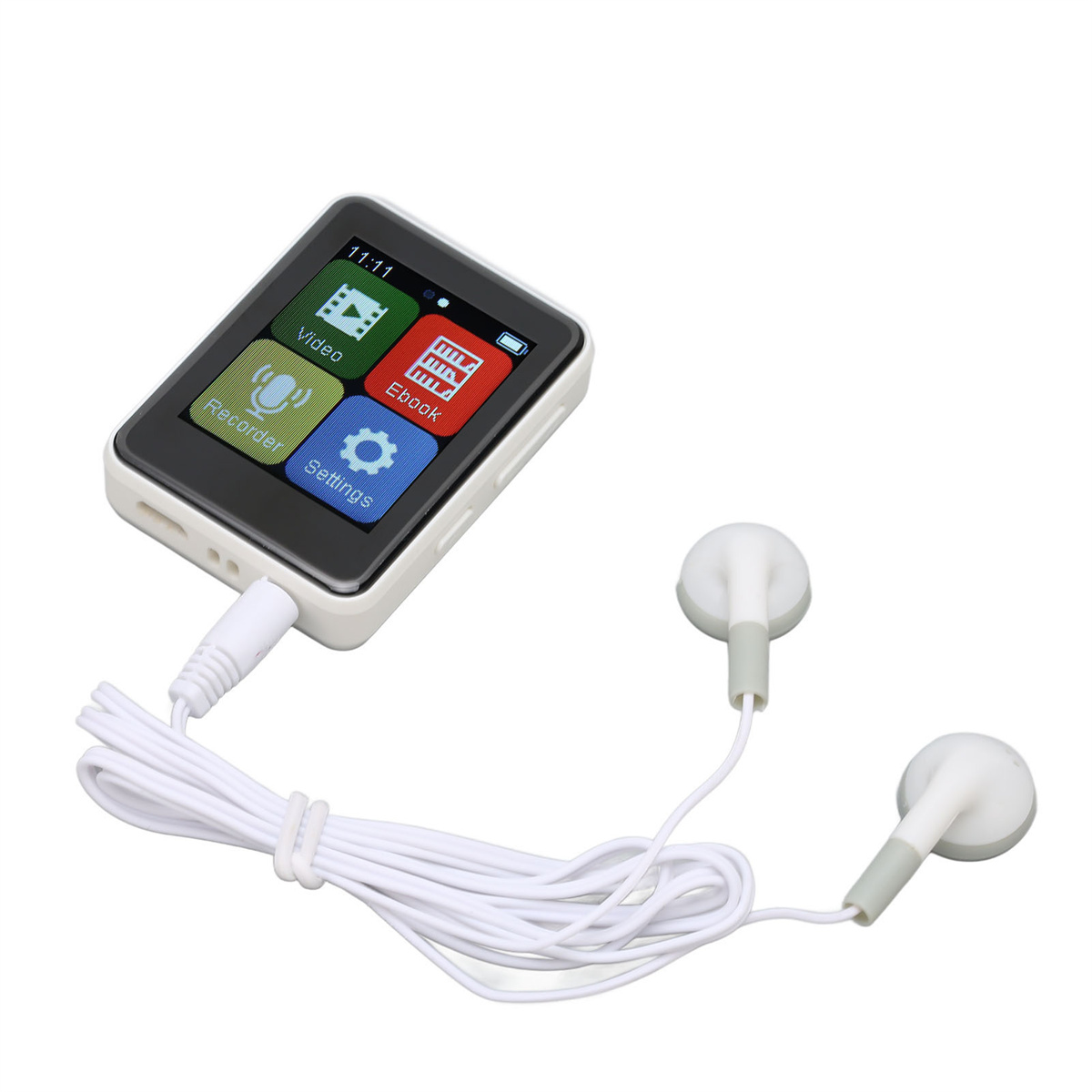 Kleiner schwarz-weißer MP3-Player mit angeschlossenen Kopfhörern.