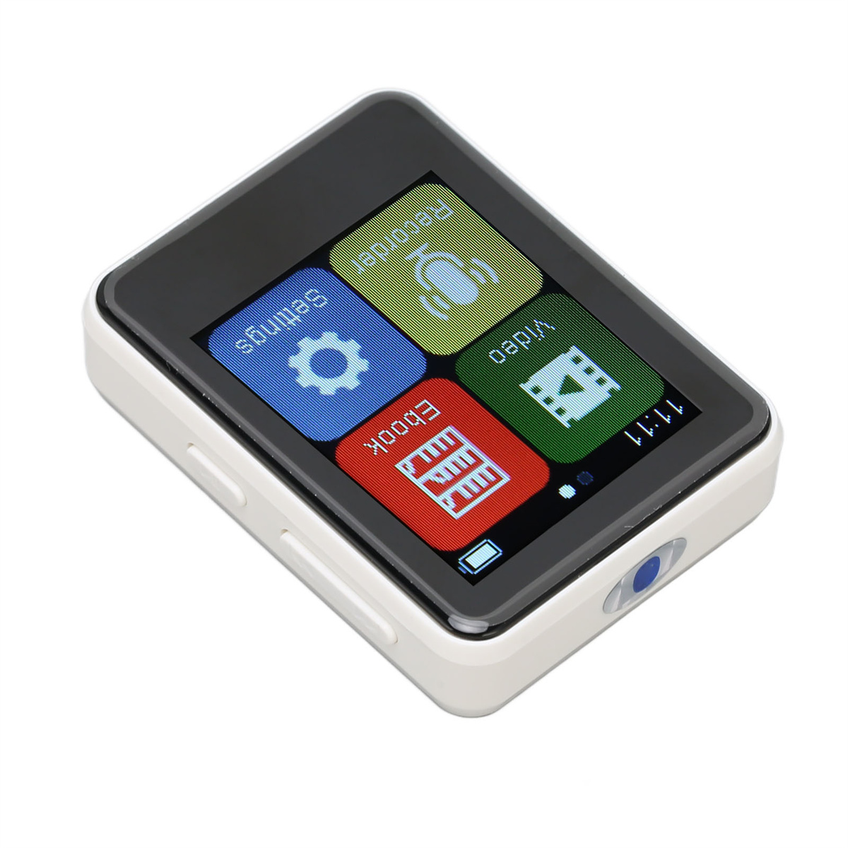 Ein weiß-schwarzer MP3-Player mit einem Bildschirm, der Symbole zeigt. Es ist auf einer weißen Oberfläche.