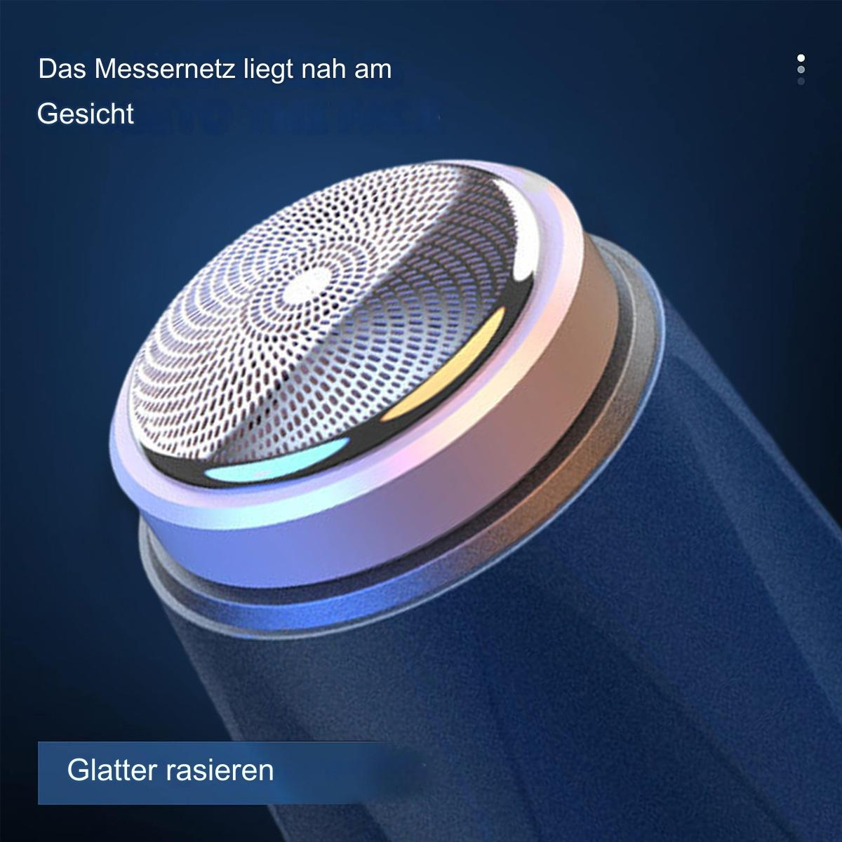 Nahaufnahme eines elektrischen Rasiererkopfes. Text: 'Glatt rasieren'.