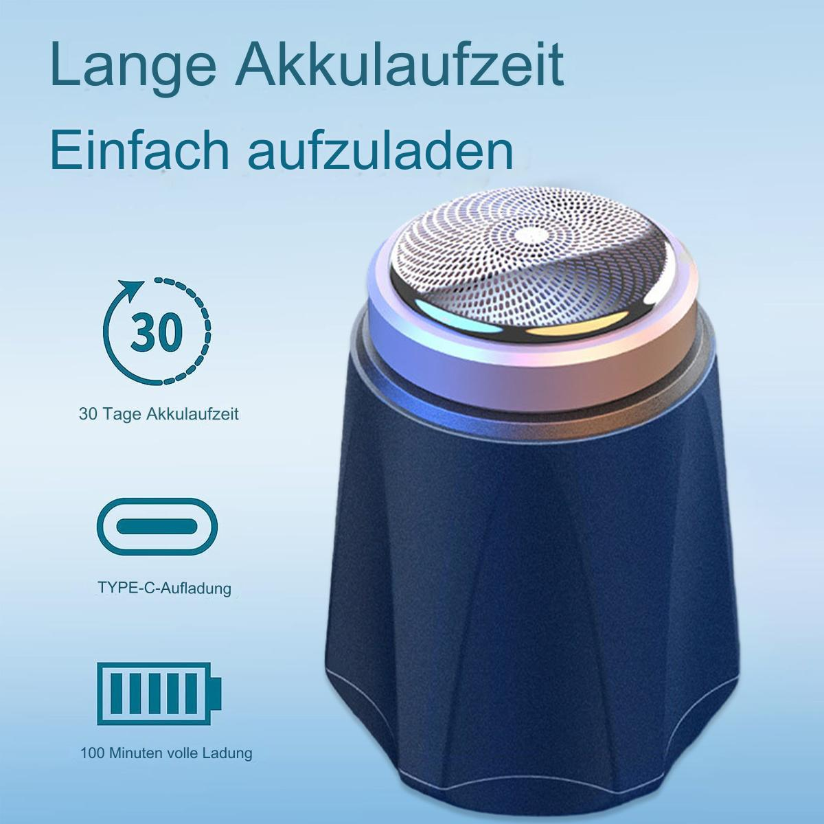 Dunkelblauer Elektrorasierer mit Ladeinfos: 30 Tage Akku, Typ-C-Laden, 100 Min. Laden.
