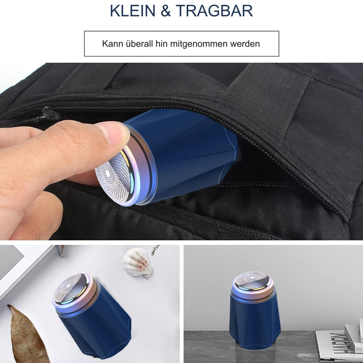 Blauer Elektrorasierer, der in eine schwarze Tasche gelegt und auf einer weißen Oberfläche angezeigt wird.