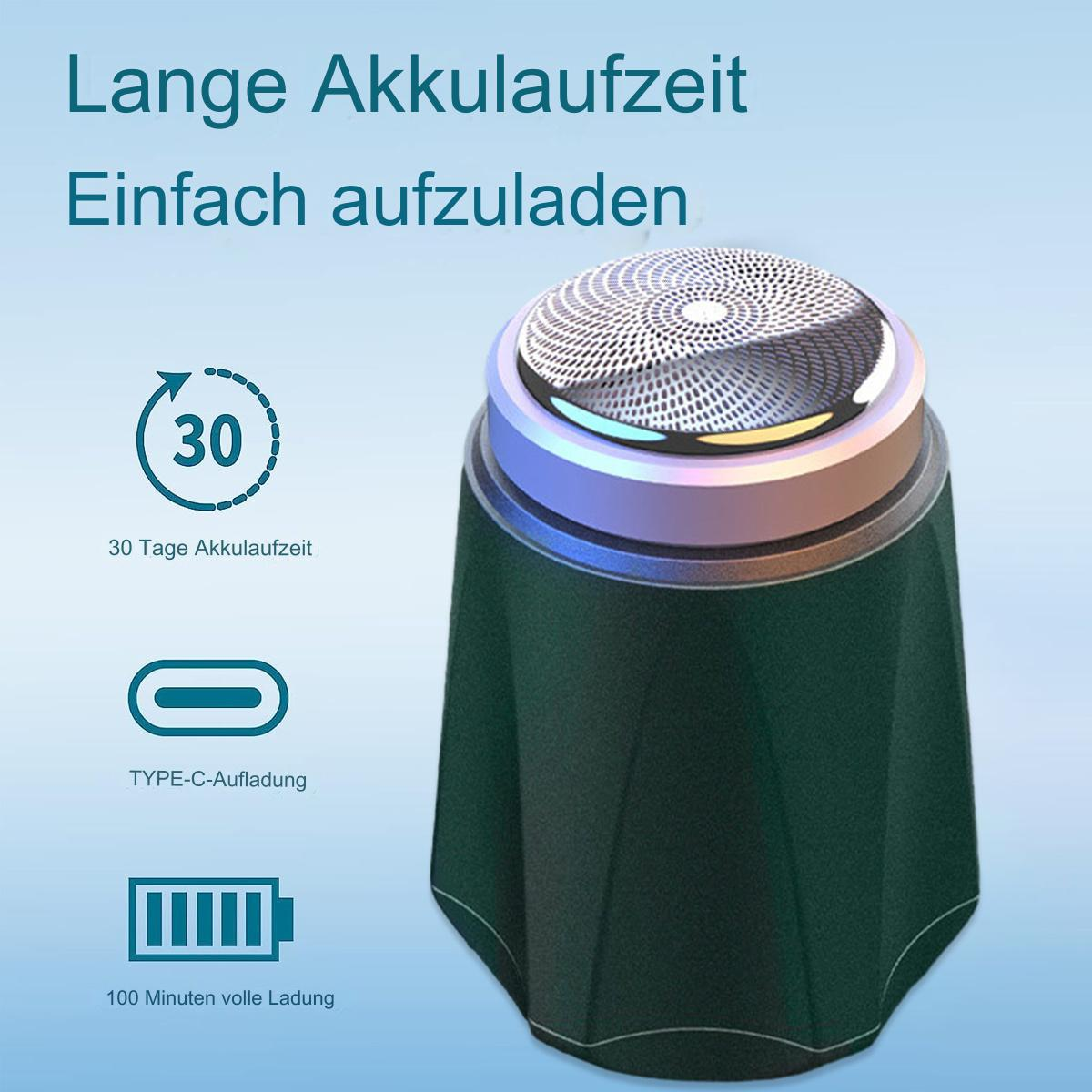 Ein elektrischer Rasierer mit Text, der 30 Tage Akkulaufzeit, Typ-C-Laden und 100 Minuten Ladezeit angibt.