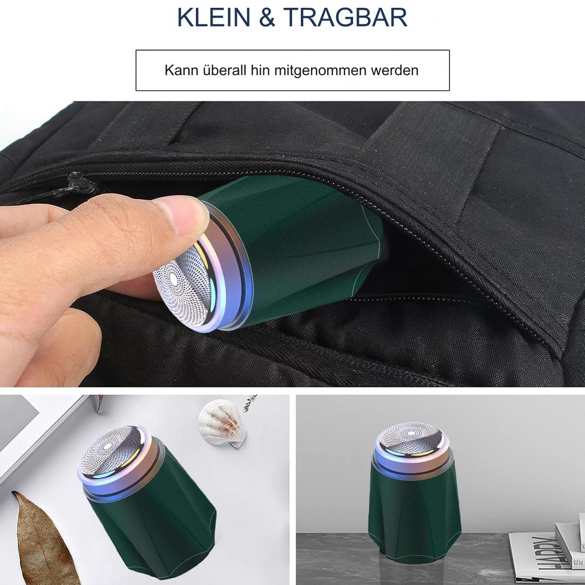 Ein grüner Rasierer wird aus einem schwarzen Rucksack genommen. Andere Aufnahmen zeigen den Rasierer.