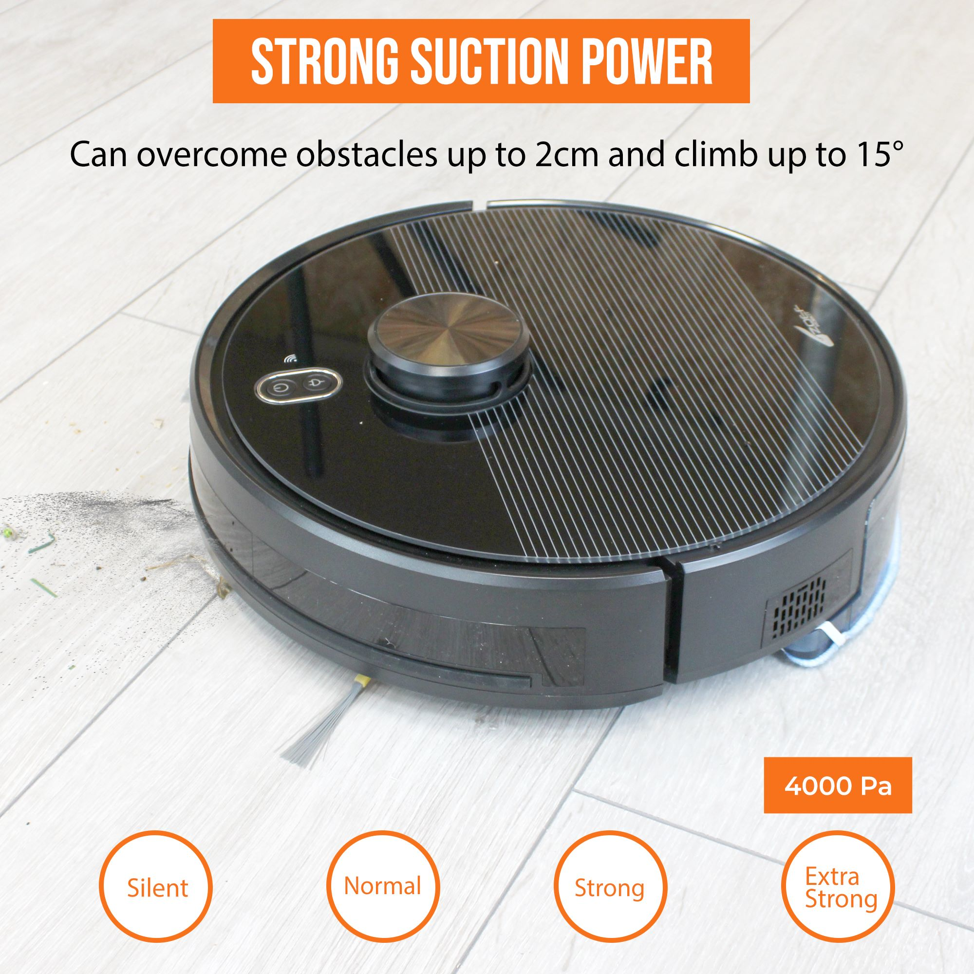 A black robotic vacuum cleaner on a wooden floor, with text describing strong suction power.