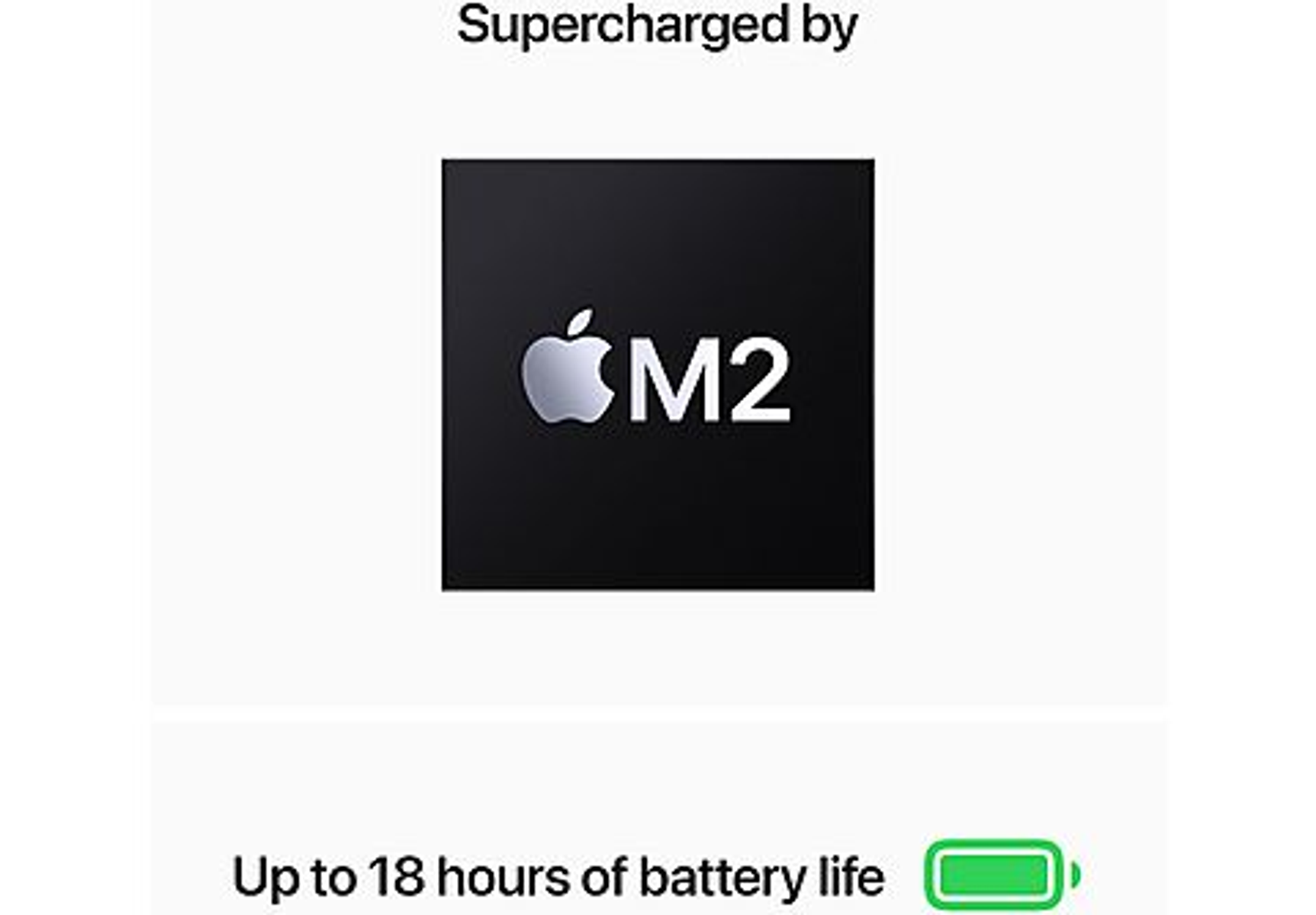 Das Apple M2-Logo auf einem schwarzen Quadrat, mit den Worten 'Bis zu 18 Stunden Akkulaufzeit' und einem grünen Akkusymbol.