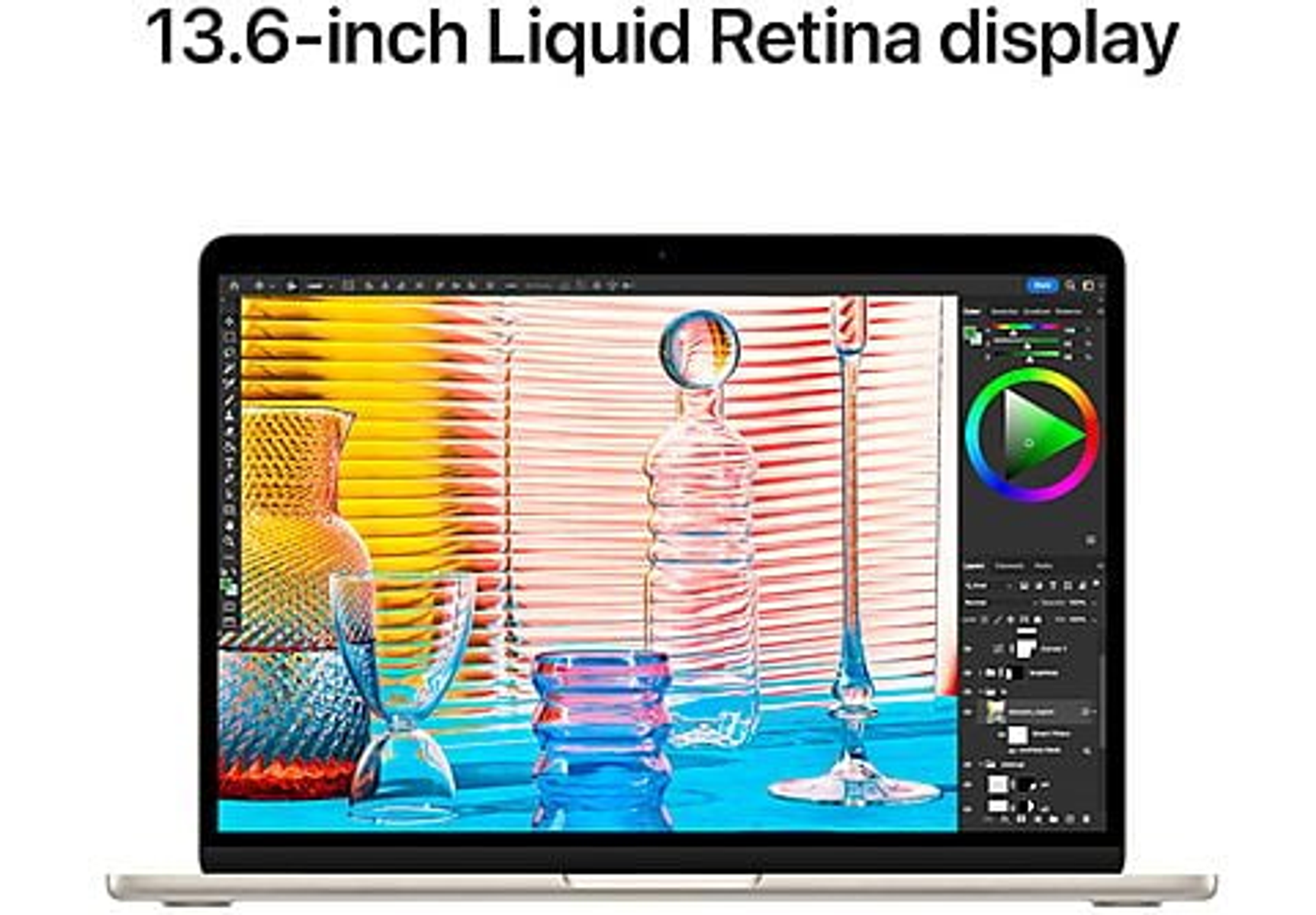 Laptop mit farbenfrohem Bild. Oben steht '13,6-Zoll Liquid Retina Display'.