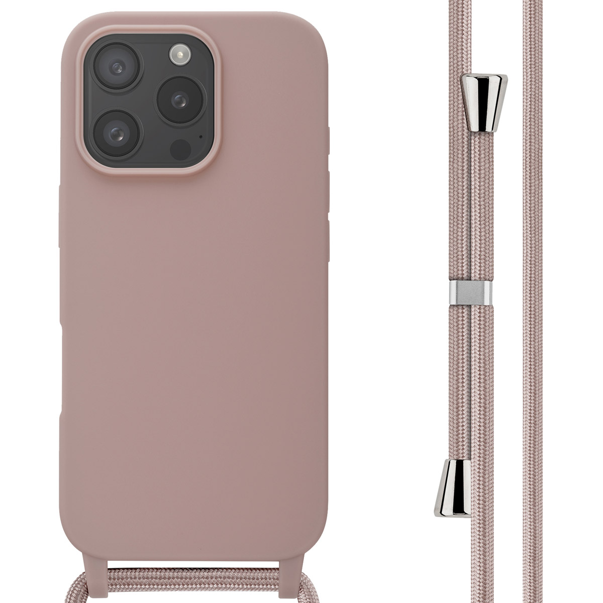 Coque de téléphone rose avec cordon attaché, avec bosse de caméra en haut.