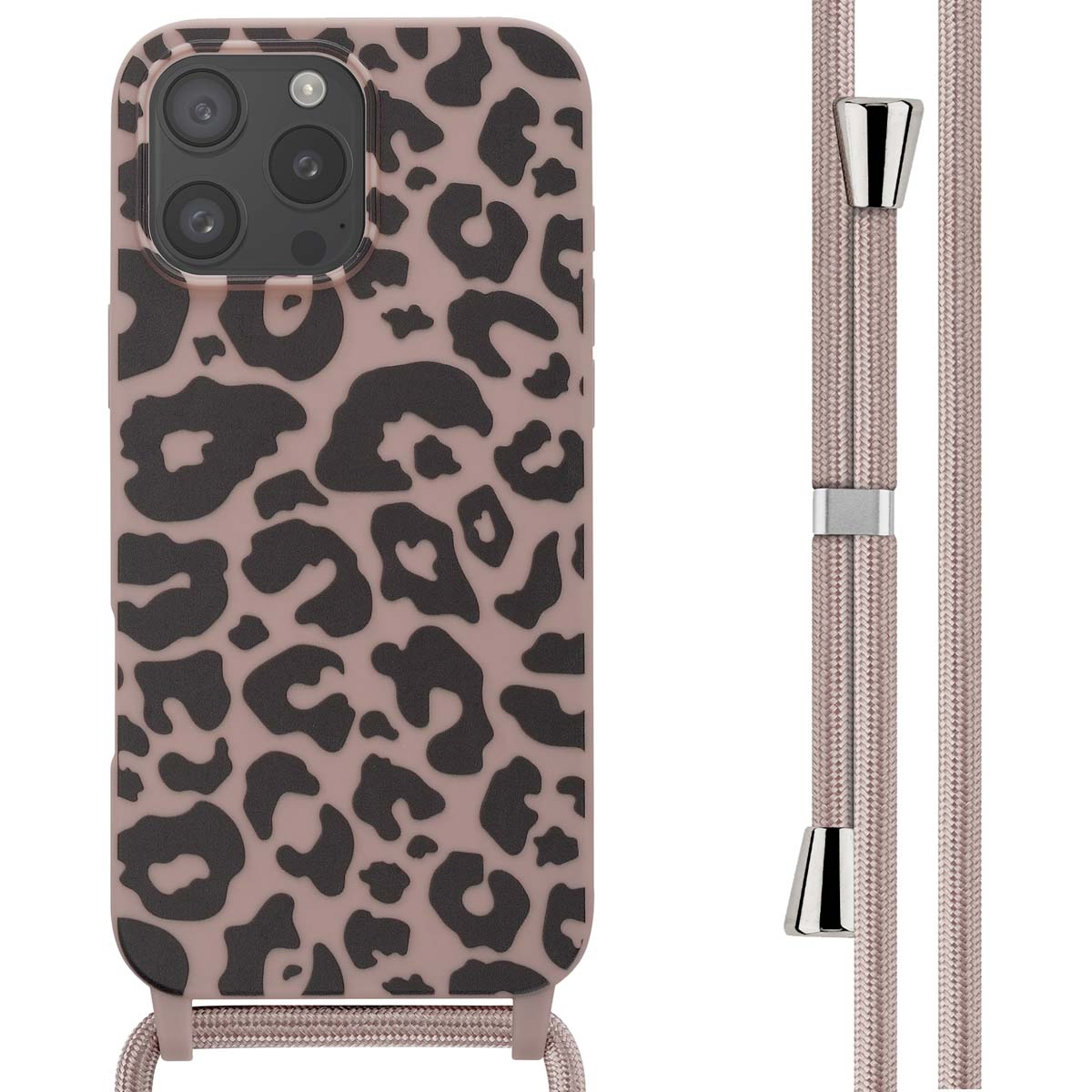 Telefoonhoesje met luipaardprint en een bijpassend koord. De achtergrond is wit.
