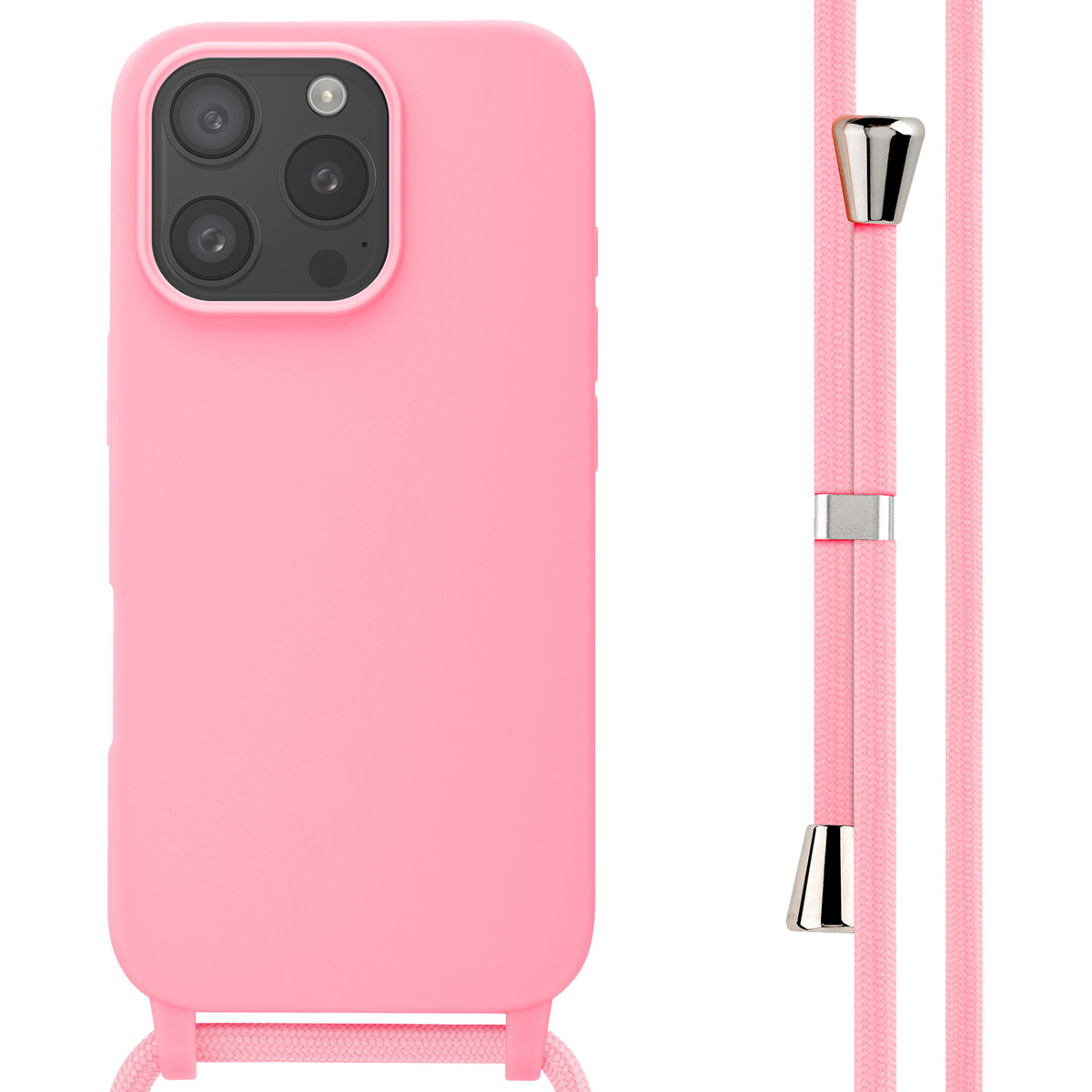 Coque de téléphone rose avec cordon. La coque a trois objectifs. Cordon avec détails métalliques.