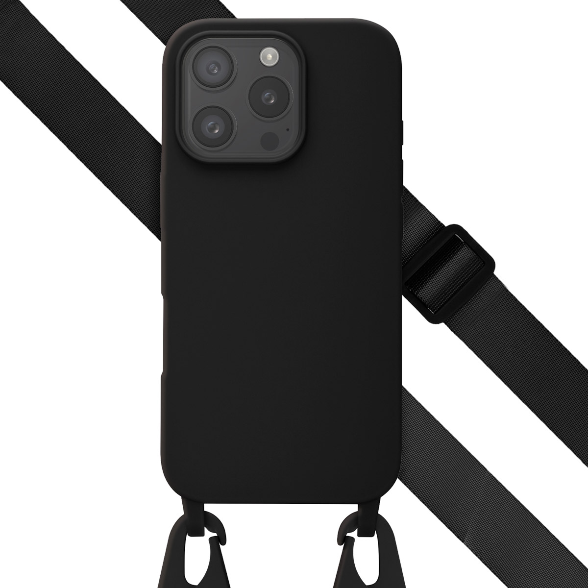 Zwarte telefoonhoes met een bandje, drie cameralenzen en een zwarte band.