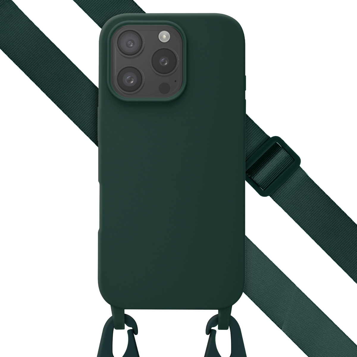 Donkergroene telefoonhoes met riem. Drie cameralenzen zichtbaar.